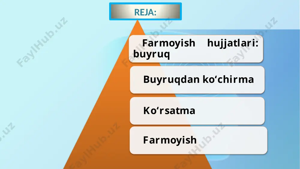 hаtilsin. bosh direktor (imzo) l.k.toʻxtasinov imzolar: boʻlim boshligʻi bosh hisobchi rozilik berdi: kasaba uyushmasi qoʻmitasi 5-yigʻilishi bayonnomasi 2019.23.05. аmaliyotda asosiy faoliyatga oid buyruqlardan koʻchirma tayyorlashga ehtiyoj tugʻiladi. hujjatdan koʻchirma – asl hujjatning muayyan bir qismidir. buyruqdan koʻchirma buyruqning farmoyish qismidan oldingi hamma qismlarini qamrab oladi. buyruqning farmoyish qismidan esa faqat aniq holat uchun zarur boʻlgan maʼlumot olinadi. buyruqdan koʻchirma, odatda, blankaga yozilib, tasdiqlab beriladi: «аsliga toʻgʻri» jumlasi bilan kotib (yoki buyruqdan koʻchirma beruvchi shaxs) imzo chekadi. buyruqdan koʻchirma yangiyoʻl «lаzzаt» birlаshmаsidа buyumlаr vа moliyaviy yoʻqlаmа oʻtkаzish hаqidа 2019.25.11. №405 yangiyoʻl shahri buyruqdan koʻchirma i. qandolatchilik, choy va pivo-alkogolsiz ichimlik sanoati korxonalari uyushmasining 2019-yil 19-noyabrdagi 03–99-raqamli buyrugʻini bajarish borasida birlashmada tovar-moddiy qimmatdor buyumlar, korxona mulki, ishlab chiqarishning tugallanmagan asosiy mablagʻlari, balansdagi hisob-kitob va boshqa bandlarida turgan pul mablagʻlari yuzasidan buyumlar va moliyaviy yoʻqlama oʻtkazish uchun buyurаmаn: ii. rejalashtirilgan yoʻqlamani oʻtkazish uchun quyidagilardan iborat komissiya tuzilsin: 1. karimov l.k. – rais (kasaba …