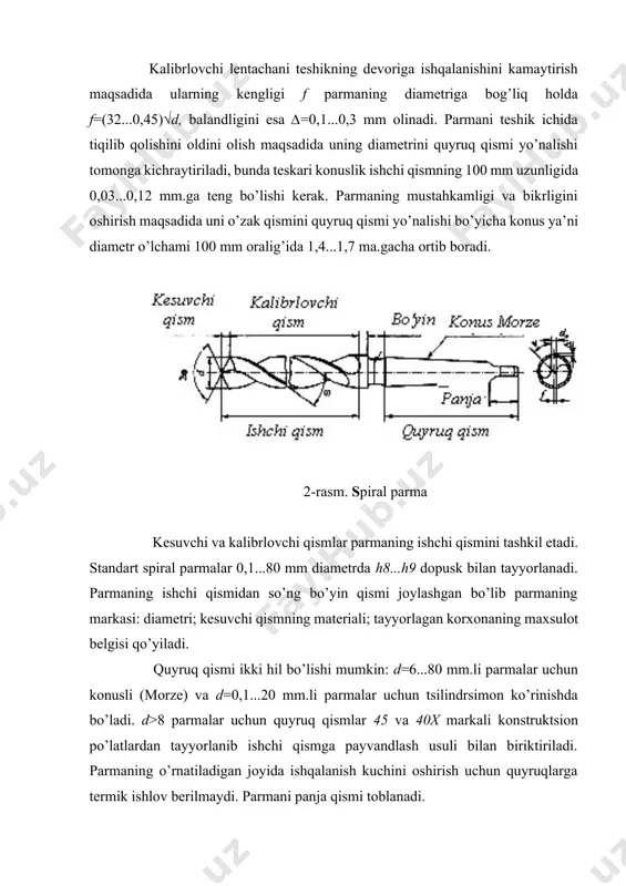 ga ishlov berish uchun – 25...30°, cho’yan va boshqa mo’rt materiallarga ishlov berish uchun – 10...15°, alyuminiy, mis, va boshqa qovushqoq materiallarga ishlov berish uchun – 35...45° olishni tavsiya etiladi. oldingi burchak γ. spiral parmalarning oldingi burchagi bosh kesuvchi qirra uzunligiga bog’liq holda o’zgaruvchan qiymatga ega. bunda parmaning oldingi yuzasi vint chiziqli konvolyut ko’rinishida bo’lib, u asbob o’qiga og’ma g’olatda bo’lgan chiziq kesmasining vintsimon harakati bilan hosil qilinadi ( 3-a rasm). to’g’ri chiziqli kesuvchi qirrali standart parmalarda yuzani hosil qiluvchi kesuvchi qirra bilan ustma ust tushadi va parma o’qi bilan φ burchakni tashkil etadi. 3-rasm. spiral parmaning oldingi yuzalarini geometrik parametrlari: a – standart parma; b – o’q yuzasida joylashgan kesuvchi qirrali parma agar parmaning kesuvchi qirrasini har qanday nuqtasidan parmaga o’qdosh holda tsilindrsimon kesim o’tkazilsa va ushbu tsilindrdagi vintli chiziqlar tekislikka yoyilsa, u holda parma o’qiga nisbatan ushbu vintni og’ish burchagini aniqlash imkoni tug’iladi ( 4-rasm). bunda barcha nuqtalar …