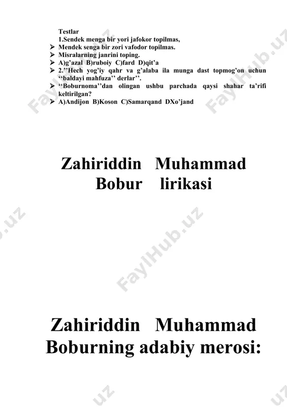 a, o`z yurtidin mosuvo bo`lg`on oning firoqinda ko`ngul g`unchasi tah-batah qon bo`lg`on shoiri devona durmen. tegri taoloning inoyati birla shohlihga muyassar bo`ldum. kobul va g`aznada, hind yerinda buyuk davlat barpo etdim ammo bir nafas vatan yodini tark etmadim butun salohiyatim va badiiy yat-imla bir “ voqeanoma “ tuzdimki, oni birla tanishg`on avlotlarim kaminani mavaraunnahrning benazir farzandi ekonlig`idin bohabar bo`lg`ay, deb umid qiladurmen. davron meni o`tkardi sar-u samondin. oyirdi meni bir yo`li honumonidin. gah boshimda toj,gah baloyu tana, nelarki boshimg`a kelmadi davronidin bobur timsolining manologidan so`ng o`quvchilarga ( ahliy hujum) doiasida savollar beriladi 1 bobur manalogiga diqqat qilgan bo`lsangiz “ binni “ so`zining manosi nima? – ( o`g`il ) 2 bobur qaysi avlodga mansub? – ( temuriylar ) 3 bobur temurga nechinchi avlod? 4 diqqat qilgan bo`lsangiz shoir o`z manalogida “ voqeanoma” so`zini tilga olib o`tdi, ho`sh u nima haqida gapirdi? o`quvchilar savollarga javob berib bo`lgach uyga berilgan vazifa boburning hayoti …