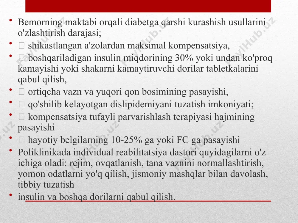 ishlari va kamyob kompensatsiya holatida diabetga chalingan bemorlarning tibbiy reabilitatsiyasi (yiliga 1-2 marta) va hayotining mayda cheklovlari bo'lganlar: i. oziq-ovqat mahsulotlaridagi oson hazm bo'ladigan uglevodlar va yog'larning yuqori miqdorini cheklaydigan energiya qiymati kam bo'lgan parhez terapiyasi. oziqlanishning asosini har bir taomda teng taqsimlangan, tarkibida ko'p miqdorda parhez tolasi bo'lgan kraxmalli ovqatlar bo'lishi kerak. ii. kinesoterapiya qon shakarini barqarorlashtirishga, bemorning ruhiy holatiga ijobiy ta'sir ko'rsatadigan jismoniy faoliyat. kamida 1 soat davomida jismoniy faollikni kiritish kerak kun (dozalangan fizioterapiya mashqlari, fizioterapiya, dozajli yurish, o'z-o'zini massaj qilish, dush, vannalar va boshqalar). glyukoza 20 g dan oshmaydi) va angionevropatiyaning funktsional bosqichi parhez bilan qoplanadi. shu bilan birga, vkk bo'yicha ish bilan ta'minlash ko'rsatiladi. qo'llash mumkin emas og'ir jismoniy mehnat, ikkinchi smenada ishlash, tungi smenalar. o'rtacha zo'ravonlikka buzilgan uglevod, yog 'kiradi va oqsil metabolizmasi, ro'za giperglikemiyasi 9-16 mmol / l, sutkalik glyukoza miqdori 20-40 g / l, diabetik polinevopatiya, glyukozuriya. og'iz orqali shakarni iste'mol qilish …