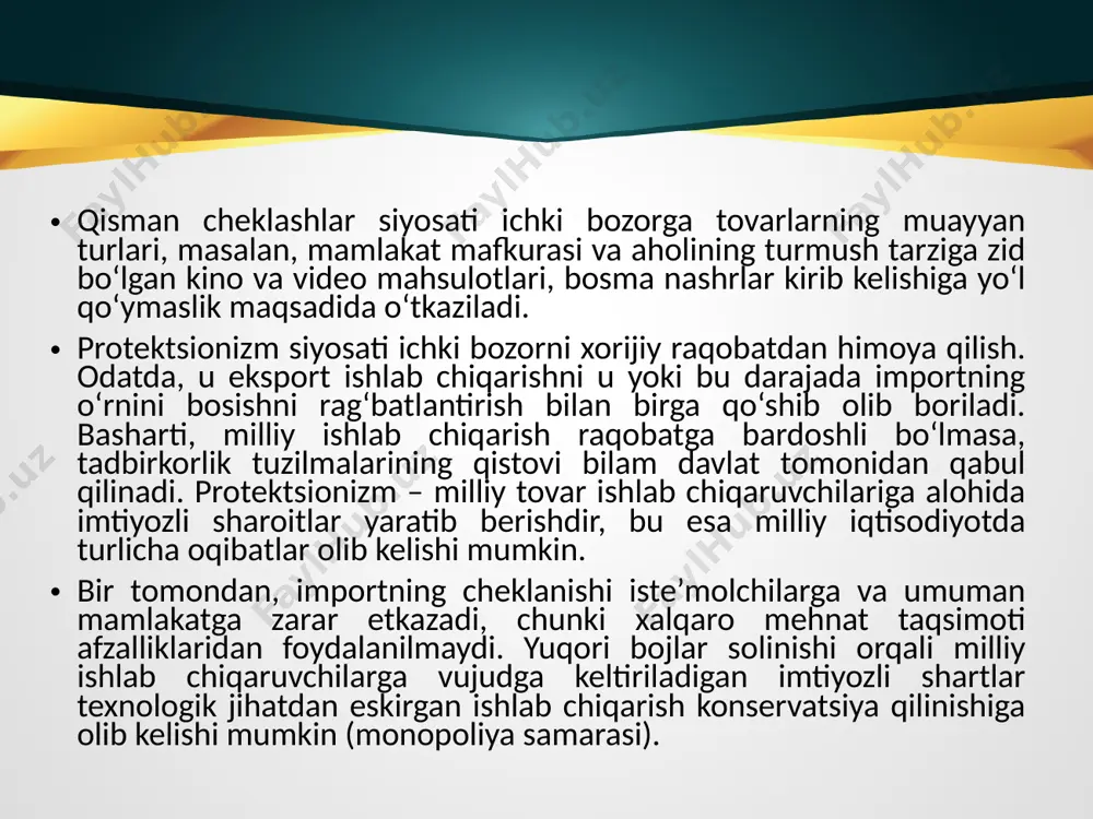 maqsadida foydalanildi. ishlab chiqaruvchilar o‘rtasidagi eski, rejali aloqalarning barham topishi, yangi mustaqil davlatlarni tushkunlikka solib qo‘ygan ishlab chiqarishning pasayishi deyarli barcha tovar bozorlarida taqchillikni keltirib chiqardi. import bojlarining bekor qilinishi, imtiyozli kredit berish va boshqa choralar 1995 yil o‘rtalariga kelib taqchillik muammosi kun tartibidan olib tashlanishiga ko‘maklashdi. biron-bir siyosatni joriy etish shartlari, ular barcha tovarlar va bozorlar bo‘yicha o‘tkazilsa, qattiq bulishi mumkin. agar bu ayrim tovarlar va bozorlar bo‘yicha o‘tkazilsa, shart-sharoitlar yumshoq bo‘lishi mumkin. yumshoqlik ko‘pchilik davlatlarga o‘z faoliyatida bir qancha tashqi iqtisodiy strategiyalarni birga qo‘shib olib borish imkonini beradi, masalan, umumiy bozor mamlakatlari bir-birlari bilan qishloq xo‘jaligi mahsulotlari savdosida protektsionizmni ma’qul ko‘rishadi, ayni vaqtda boshqa ko‘pchilik davlatlarga nisbatan erkin savdo strategiyasi tanlangan. aqsh ko‘plab tovarlar bo‘yicha yaponiyaga nisbatan erkin savdo printsiplarini qo‘llaydi, biroq bu mamlakatlar o‘rtasida avtomobilsozlikda o‘zaro protekpionizm mavjuddir, u ko‘pincha «savdo urushlari»ga olib keladi. «savdo urushi» - xalqaro savdo yo‘llaridagi eng oxirgi cheklovdir. u o‘zida ikki mamlakat …