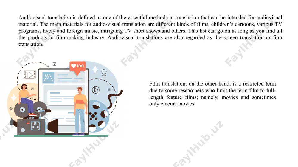 of audiovisual translation possessing its own specifications, rules and criteria. subtitling may be separated into intra lingual or inter lingual. intra lingual type of subtitling is referred to the written texts that appear over the image in the source language. the person who often hears the transcript can understand the film, but it arises some difficulties to understand its contents. there are many examples for this. when we investigated english subtitles, we have noticed that there are frequent contractions – ‘(apostrophe) in subtitles in order to make them close to spoken language. he is watching u kuzatmoqda he has lost yo‘qotdi his watch soatini let us kelinglar go boramiz i would enjoy men rohatlanaman i am happy xursandman to see ko‘rishdan he’s watching me; he’s lost his watch; let’s go. i’d enjoy. i’m happy to see. 9 dubbing strives to be unnoticeable as much as possible. this contrasts with subtitles …