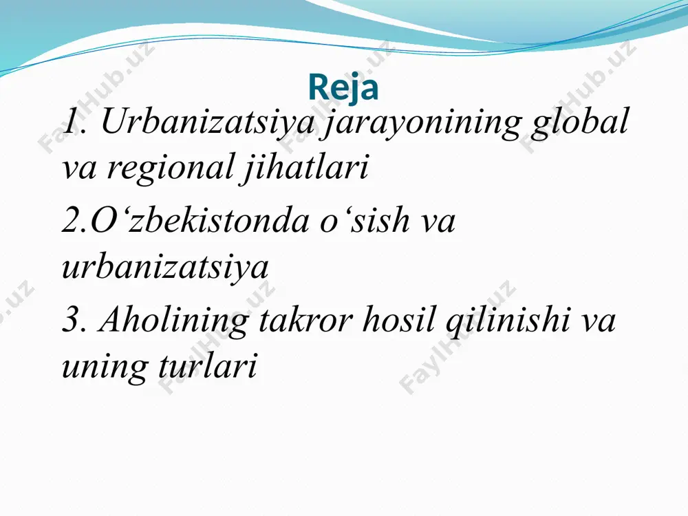keng tarqalish jarayonidir. shaharlar eng qadimgi davrlarda vujudga kelib, qishloqlar bilan birgalikda aholi manzilgohlarining ikkita asosiy turidan birini tashkil qiladi. shaharlar tarixan ijtimoiy mehnat taqsimoti natijasida paydo bo`lgan va rivojlangan. qadimgi davrlarda shaharlar hunarmandchilik, savdo-sotiq, ma’muriy boshqaruv, mudofaa ishlari, diniy ibodatxona va ziyoratgohlar negizida vujudga kelgan. tarixdan ma’lumki, bir necha ming yillar avval yer yuzida fiva, bobil (vavilon), ur, afina, rim, iskandariya, karfagen, moxenjo- daro, samarqand (marokand) kabi yirik shaharlar mavjud bo‘lgan. ammo haqiqiy shaharlashuv jarayoni qizg‘in sur’atlar bilan faqat xviii asrda, dastlab yevropada, keyinchalik esa shimoliy amerikada boshlandi. bu hodisa g‘arb davlatlarida o‘sha paytda ro‘y bergan sanoat inqilobining natijasi bo‘ldi. dunyoning rivojlanayotgan mamlakatlarida esa urbanizatsiya jarayonlari xx asrning o‘rtalarida ijtimoiy-iqtisodiy va siyosiy sohalardagi ijobiy o‘zgarishlar tufayli boshlandi va hozirgi kungacha yuqori sur’atlar bilan davom etmoqda. so‘nggi 200 yil davomida dunyo aholisida shahar aholisining ulushi muntazam ravishda o‘sib borgan. 1800-yilda insoniyatning taxminan 3 % i shahar joylarida istiqomat qilgan edi. …