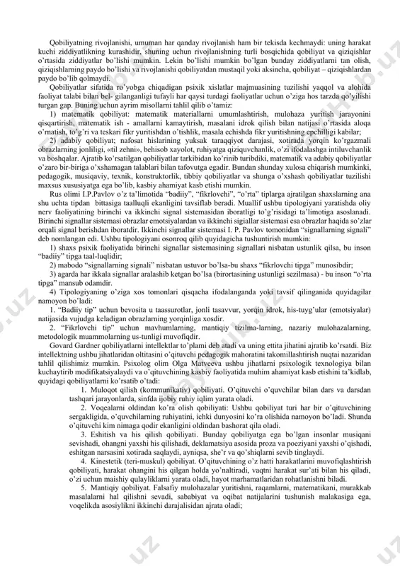 egallagan faoliyati talablariga javob bersa-unda mazkur faoliyatga nisbatan qobiliyati mavjuddir; b) inson shunday holatlarda faoliyat talabiga javob bera olmasa-psixologik sifatlar, ya’ni qobiliyatlar mavjud emasdir (juda zaifdir). lekin xususiyatli shaxs ko’nikma va malakalarni egallay olmaydi, degan ma’no anglatmaydi, biroq ularni egallash vaqti cho’zilib ketadi, xolos. shunday qilib, qobiliyatlar individual psixologik xususiyatlar bo’lishi bilan birga: a) ularni shaxslarning mavjud boshqa xusu-iyatlariga, aqliy sifatlarga, xotira xislatlarga xarakter fazilatlariga, hissiy kechinmalariga va boshqalarga qarama-qarshi qo’yish mumkin emas; b) shuningdek, qobiliyatlarni shaxsning mazkur xususiyatlari bilan qatorga qo’yish, ularni ayniylashtirnsh ham nuqsonlarni keltirib chiqaradi. shuni ta’kidlash joizki, mulohaza bildirilgan sifatlardan ba’zi biri yoki ularning yig’indisi faoliyat talablariga javob bera olsa yoki ularning ta’sirida vujudga kelsa, u holda shaxsning mazkur individual xususiyatlarini qobiliyatlar deb atash imkoniyati tug’iladi. biz qobiliyatni shaxsni tabiiy imkoniyatlari deb tushunishimiz mumkin emas, chunki, qobiliyatni biz “har bir insonning o’ziga xos psixologik hususiyatlari” deb aniqlashtirdik, shuning uchun bu har qanday shaxsda mavjud bo’lgan tabiiy …