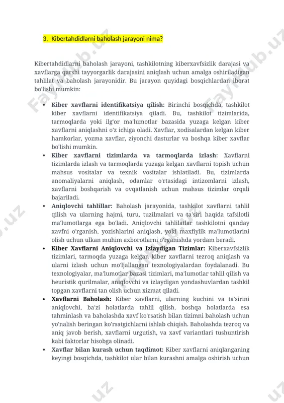 r. xodisalarga qarshi ta'limot, xodisalar bilan kurashish va xavflarni ovqatlashda tashkilot ichidagi xodisalar qarshi xizmatlar (soc) yoki xavfsizlik komandalari yordamida kiber xavfni shakllantirish uchun zarur bo'ladi. · hamkorlik va ma'lumot almashish: tashkilot kiberxavfsizlik siyosati ishlab chiqishda, kiber tahdidlarni hisobga olishda xorijiy tashkilotlar, tizim ishlab chiquvchilar va kiber xavfni kurish sohasidagi ekspertlar bilan hamkorlik qilish juda muhimdir. ma'lumot almashish, ta'limot olish, va yangiliklarni kuzatib borish orqali tashkilotning kiber xavfni ovqatlashda boshqa tashkilotlarning tajribalaridan foydalanish imkoniyatiga ega bo'ladi. 3. kibertahdidlarni baholash jarayoni nima? kibertahdidlarni baholash jarayoni, tashkilotning kiberxavfsizlik darajasi va xavflarga qarshi tayyorgarlik darajasini aniqlash uchun amalga oshiriladigan tahlilat va baholash jarayonidir. bu jarayon quyidagi bosqichlardan iborat bo'lishi mumkin: · kiber xavflarni identifikatsiya qilish: birinchi bosqichda, tashkilot kiber xavflarni identifikatsiya qiladi. bu, tashkilot tizimlarida, tarmoqlarda yoki ilg'or ma'lumotlar bazasida yuzaga kelgan kiber xavflarni aniqlashni o'z ichiga oladi. xavflar, xodisalardan kelgan kiber hamkorlar, yozma xavflar, ziyonchi dasturlar va boshqa kiber xavflar bo'lishi mumkin. …