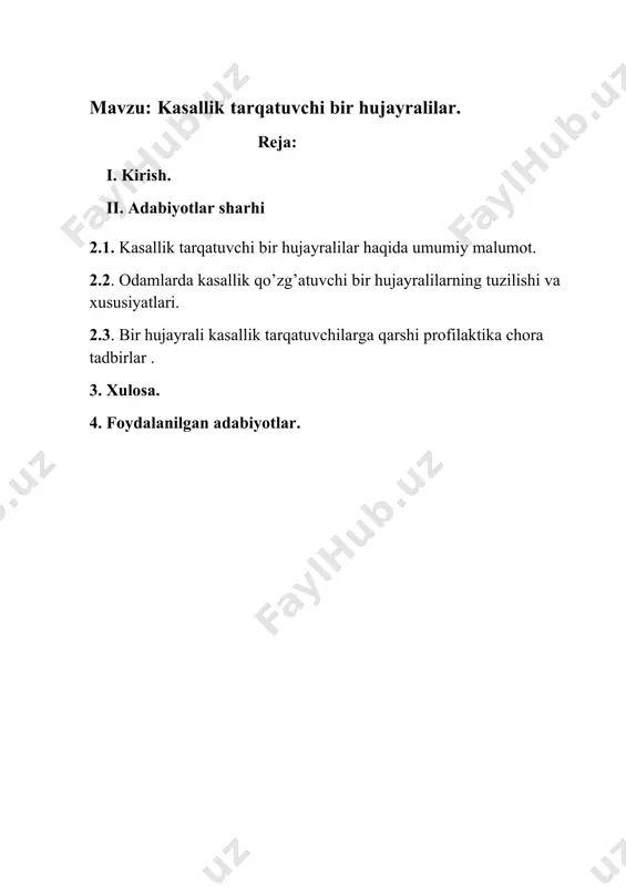 yani qon so’ruvchi bo’g’imoyoqlilarni iskaptoparlar, pashshalar, qandalalar va kanallar yordamida tarqalsa, ayrim turlari odam organizmiga notransmissiv yo’l bilan yani iflos qo’l va oziq ovqat mahsulotlari, 4 bazan kasallangan odamning kiyim kechaklari orqali sog’lom organizmga yuqadi. bu kasalliklarni qo’zg’atavchi organizmlarning xususiyatlarini o’rganish, tarqalish yo’llari va hududlarini aniqlash va profilaktik chora-tadbirlarni takomillashtirish kechiktirib bo’lmaydigan vazifalardan biridir. tadqiqotlarda odamda uchraydigan protozoonoz qo’zg’atuvchilari, ularning ekologik xususiyatlari va tarqalishi o’rganiladi hamda profilaktik chora-tadbirlar rejasi ishlab chiqiladi. parazitar kasallik qo’zg’atuvchi hayvonlar tarqalish hududining kengligiga qarab epidemik o’choq, epidemiya, pandemiya, endemiya turlarga bo’linadi. masalan 1920-30 yillarda buxoro viloyatida bezgak epidemiyasi tarqalgan bo’lib, kasallik shu darajada avj olganki, hatto sog’lom odamni topish qiyin bo’lgan. bu kasallik hozirda ayrim hududlarda endemik tur tarzda saqlanib qolgan bo’lib, kasallikning yana qaytalanishiga sabab bo’lmoqda. leyshmanioz tabiiy o’choqli kasallikdir. u bilan asosan o’sha o’choqlarga yaqin kelgan odamlar kasallanadi. o’rta osiyo va kavkaz orti respublikalarida leyshmaniozning endemik o’choqlari mavjud. invazion kasalliklarga qarshi kurash choralari …