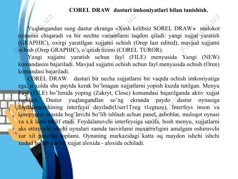 menyusi matn bilan ishlaydigan komandalardan iborat, effekt menyusi nuktaviy va vektorli grafikani yaratadigan komandalar tuplamidan iborat. xossalar asboblar qatori ( rgoreggu var) xossalar asboblar qatoridagi ( rgoreggu var) maydonlar va tugmalar to’plami ,ishlatilayotgan asbob yoki belgilangan ob’ekt turiga bog’liq xolda ko’rinishga ega bo’ladi, masalan, matn blokka olinganda xossalar katorida matn parametrlari aks etadi. corel draw ob’ektlar belgilanmagan xolatda xossalar qatorida (rgoreggu var) xujjatning umumiy parametrlari beriladi, masalan: varakning formati, joylashuvi va boshqalar xolat qatori (status var) ishchi ekranning pastki qismida xolat qatori (status var) joylashgan bo’lib turli xil xizmat ma’lumotlarini aks ettiradi: parametrlar, obvodka va ranglar, xarf parametrlari ajratilgan ob’ektlar xaqida ma’lumot va aktiv asboblar xaqida ma’lumot. bu qatorning, kurinishi xolati va tarkibini o’zgartirish mumkin. asboblar paneli(toolbox) ishchi oynaning chap tarafida asboblar paneli joylashadi. bu panelda barcha instrumentlar joylashgan bo’lib, ular yordamida turli grafik ob’ektlarni yaratish ajratish, taxrirlash mumkin. asboblar bilan ishlayotgan paytda belgilangan ob’ektga bog’lik xolda kursorning ko’rinishi uzgaradi. …