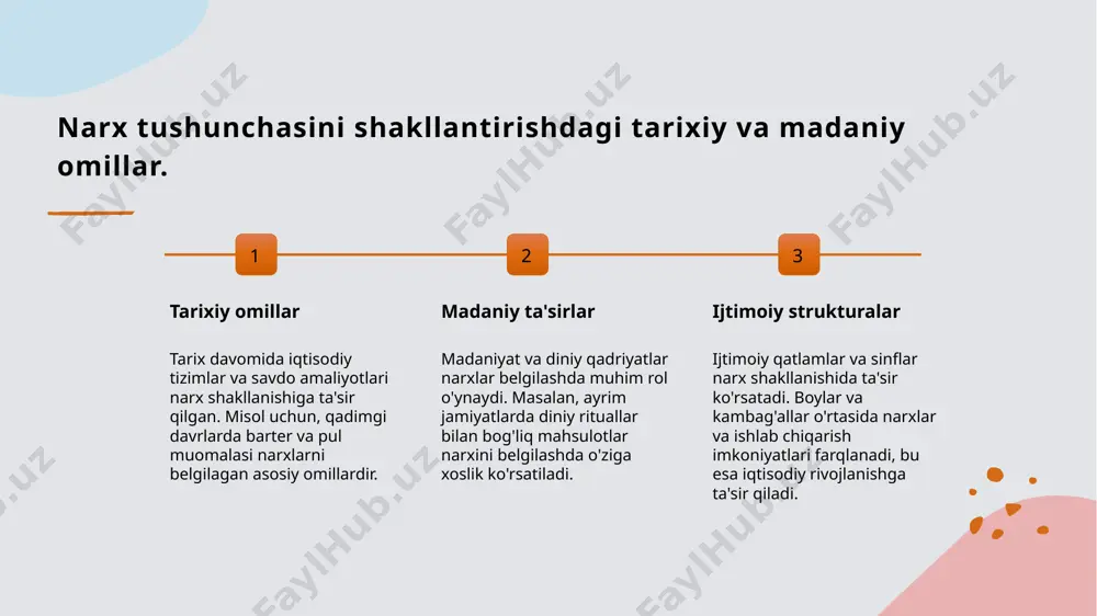 mexanizmlarining jamiyat va iqtisodiyotdagi ahamiyatini baholash iqtisodiy ahamiyat narx belgilash mexanizmlari iqtisodiyotda resurslarni samarali taqsimlash va ishlab chiqarishni rag'batlantirishga yordam beradi, barqaror rivojlanishni ta'minlaydi. jamiyatdagi roli narxlar ijtimoiy muvozanatni saqlashda muhim, fasl va talabga mos narxlar orqali jamiyat ehtiyojlarini qondirishda asosiy rol o'ynaydi. rivojlanish imkoniyatlari yangi texnologiyalar va raqobat sharoitida narx belgilash mexanizmlari rivojlanib, iqtisodiy va ijtimoiy barqarorlik uchun yangi tendensiyalar paydo bo'ladi. raqobatning narx shakllanishidagi asosiy roli va uning iqtisodiy ta'siri. 1 raqobat va narxlar raqobat narxlarni bozor sharoitida o‘zgartiradi, ishlab chiqaruvchilarni sifatni yaxshilashga va narxlarni raqobatbardosh qilishga undaydi. 2 raqobat va iqtisodiy barqarorlik kuchli raqobat iqtisodiy barqarorlikni ta’minlaydi, narxlar barqaror va adolatli bo‘lib, iste’molchilarning manfaatlarini himoya qiladi. 3 innovatsiyalar va narx shakllanishi raqobat innovatsiyalarni rag‘batlantiradi, yangi texnologiyalar va mahsulotlar narxlarni pasaytirishga yordam beradi, iqtisodiy rivojlanishni tezlashtiradi. bozor raqobati va narxlarni belgilash mexanizmlarining o'zaro bog'liqligi. 1 bozor raqobati va narxlar - bozor raqobati narxlarni belgilashda asosiy omil bo‘lib, taklif …