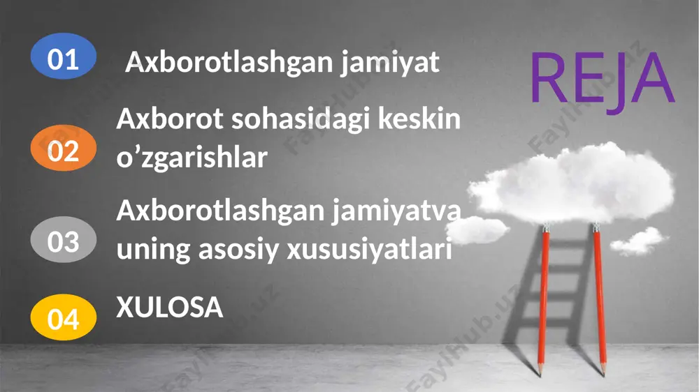 h, qayta ishlash va xalqaro bozorda sotishni amalga oshirish bilan mashg‘ul bo‘lgan jamiyatdir”, “axborotlashgan jamiyat - ko‘pchillik ishlovchilarning axborot, ayniqsa, uning oliy shakli bo‘lmish bilimlarni ishlab chiqarish, saqlash, kayta ishlash va sotishni amalga oshirish bilan bog‘liq bo‘lgan jamiyatdir”, - degan ta’riflar berilgan. axborotlashgan jamiyat axborotlashgan jamiyat haqida olimlar turlicha fikr yuritadilar. masalan, yapon olimlarining xisoblashicha, axborotlashgan jamiyatda kompyuterlashtirish jarayoni odamlarga ishonchli axborot manbaidan foydalanish, ishlab chiqarish va ijtimoiy soxalarda axborotni qayta ishlashni avtomatlashtirishning yukori darajasini ta'minlashga imkon beradi. jamiyatni rivojlantirishda esa xarag’atlantiruvchi kuch moddiy maxsulot emas, balki axborot ishlab chiqarish bo’lmog’i lozim. axborotlashgan jamiyatda nafaqat ishlab chiqarish, balki butun turmush tarzi, qadriyatlar tizimi xam o’zgaradi. barcha xarag’atlar tovarlarni ishlab chiqarish va iste'mol etishga yunaltirilgan sanoat jamiyatiga nisbatan axborotlashgan jamiyatda intellekt, bilimlar ishlab chiqariladi va iste'mol etiladiki, bu xol aqliy mexnat ulushining oshishiga olib keladi. insondan ijodiyotga qobiliyat talab etiladi, bilimlarga extiyoj oshadi. axborot texnologiyalari maʼlumotlarni boshqarish va qayta ishlash texnologiyalaridir. …