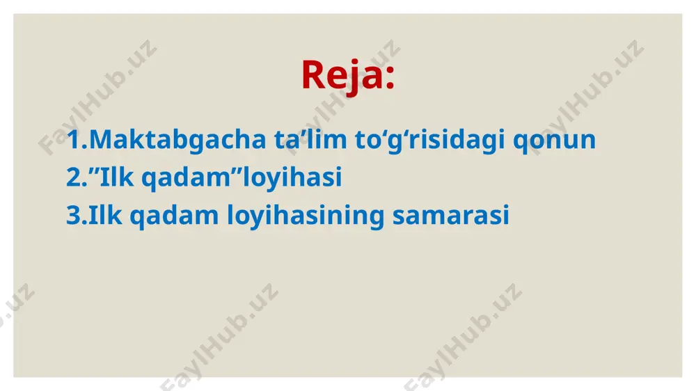 tshkil qilish va amalga oshirish; - bolalarning ilk rivojlanishi masalalarida ota-onalar va jamiyatga tegishli bilimlar berishni tashkil etish va amalga oshirish; - bolalarning ilk rivojlanishi masalalarida oila va jamiyat bilan ozaro hamkorlikni tashkil etish va amalga oshirish.. maktabgacha ta’lim tashkilotlarida bolalar “ilk qadam” davlat o‘quv dasturi asosida 5 ta markazda faoliyat yuritadilar. bular quyidagilardir: 1. til va nutq markazi. (nutq o‘stirish, tabiat, atrof-olam va badiiy adabiyot bilan bog‘liq mashg’ulotlar) 2. qurish-yasash, konstruksiyalash va matematika markazi. (qurish yasash va matematika mashg‘ulotlari) 3. san’at markazi (rasm, applikatsiya, loy qurish, yasash mashg‘ulotlari va origami) 4. syujetli-rolli o‘yinlar va dramalashtirilgan markaz. (guruh yoshiga mos bo‘lgan syujetli qoidali o‘yinlar) 5. ilm-fan va tabiat markazi. (tabiat, atrofi olam bilan tanishtirish mashg‘ulotlari) e’tiboringiz uchun rahmat! image2.jpg image3.jpeg image4.tmp image5.jpeg image6.jpeg image7.jpeg image8.jpeg image9.jpeg image10.jpeg /docprops/thumbnail.jpeg