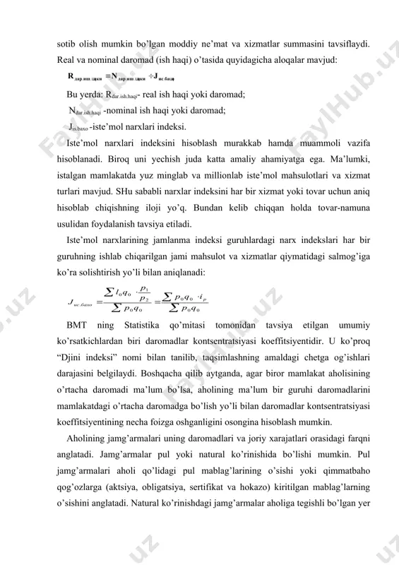 si o’z vaqtini ko’proq o’tkazuvchi joy) va ikkilamchi rezidentsiya ajratib ko’rsatiladi. uy-joy sifatini o’rganishda uyning qavatlari, devorlarning materiali, shiftning balandligi, maishiy-kommunal qulayliklar (elektr toki, gaz, suv, vannaxona, telefon va hokazo) bilan ta’minlanganlik darajasiga asosan guruhlashdan foydalaniladi. xususiy uy-joy uchun unga tegishli bo’lgan yer maydoni ko’rsatiladi. aholining uy-joy bilan ta’minlanganligini umumlashtirib, tavsiflash uchun belgilangan standart talablariga javob bermaydigan uy-joylarda yashovchilar soni va ularning aholi umumiy sonidagi salmog’i hamda har bir uy uchun to’g’ri keluvchi xonalar soni ko’rsatkichlari ham qo’llaniladi. farb mamlakatlarining uy-joy bilan ta’minlash standartida bu holda har bir yashovchiga bitta xona va yana qo’shimcha ravishda umumiy xona to’g’ri kelishi ko’zda tutilgan. aholining uzoq muddat xizmat qiluvchi turli jihozlar bilan ta’minlanishiga kelganda esa, xalqaro statistikada bunday jihozlarning har 100 ta oilaga yoki har 1000 kishiga to’g’ri kelishi hisobga olinadi. bu avtomobil, muzlatgich, sovutgich, televizor, telefon, kir yuvish mashinasi, changyutgich va hokazolarga tegishlidir. aholi oziq-ovqat va nooziq-ovqat mahsulotlarining eng zarur turlari iste’mol …