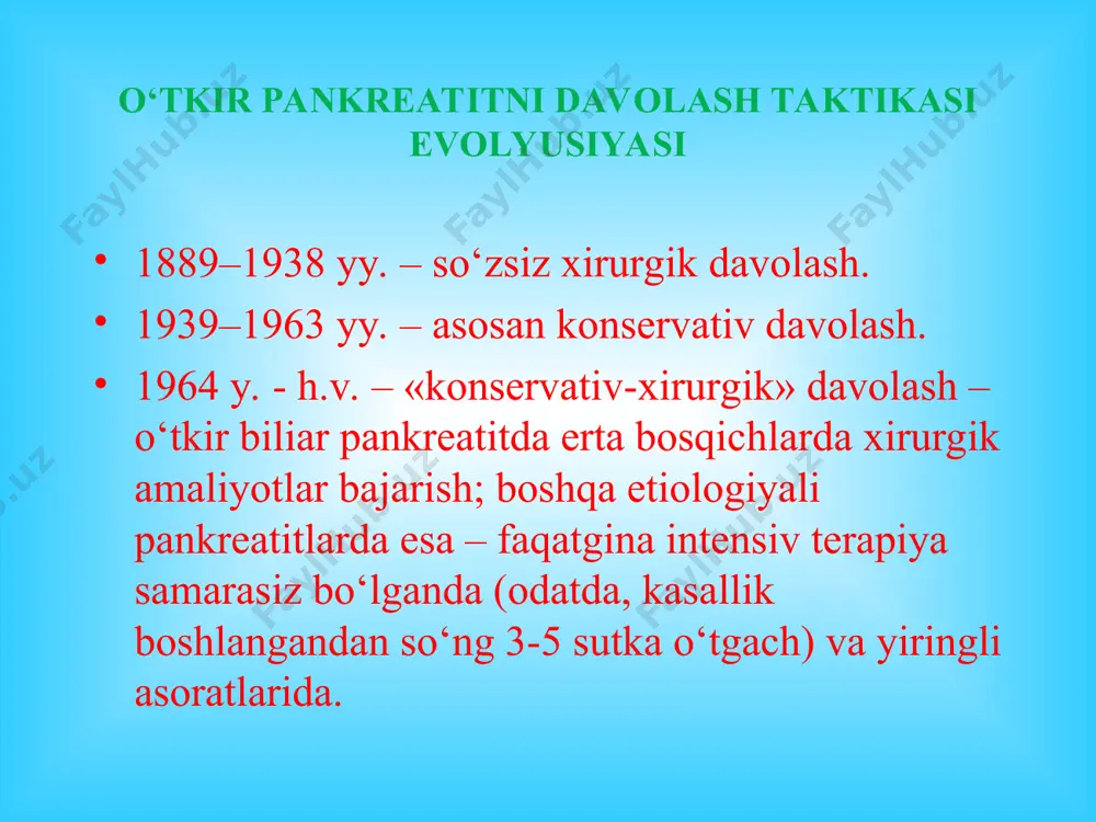 itik fermentovlar aktivligi (tripsinogenni tripsinga utishi, elastazani aktivligi va tomirlar devorini shikasti) iii. mikroblar komponenti yogli pnz gemmorragik pnz yiringli pnz a'zo ishemiyasi shishli pankreatit patologik anatomiya gemorragik pankreatit patologik anatomiya yiringli pankreatit patologik anatomiya o‘tkir pankreatitning klinik manzarasi og‘riq - epigastral sohada o‘tkir pankreatitning shishli shaklida kuchsizrok, pankreonekrozda kuchli bo‘ladi. ovqat-lanishga maromi buzilganda q¢ziydi va seziladi. og‘riq ko‘p hollarda qorinning yuqori qismini egallaydi va belbog‘si-mon tus oladi (lobachev simptomi). og‘riqlarning bel sohasiga irradiatsiyasi (meyo- robson belgisi), o‘ng kurak ostiga (boas), o‘ng yelka sohasiga, o‘ng o‘mrov ostiga irradiatsiyasi (myussi simptomi) kuzatiladi. qàéò qèëèø - o‘tkir pankreatitga xos belgi, ko‘proq kayta-lanuvchi, bemorni holdan toydiruvchi bo‘lishi mumkin, ba'-zida uzluksiz tus oladi. ichak parezi hisobiga qorinning shishishi kuzatiladi. tana harorati bemorlarda normal yoki subfebril darajada bo‘lishi mumkin. bemorni qorni shishgan, ichaklar peristaltikasi kuchaygan yoki eshitilmasligi holda, epigastral sohada regional mushaklar tarangligi aniqlanadi (kerte simptomi). o‘tkir pankreatitga xos teri simptomlari mondor simptomi – tana …