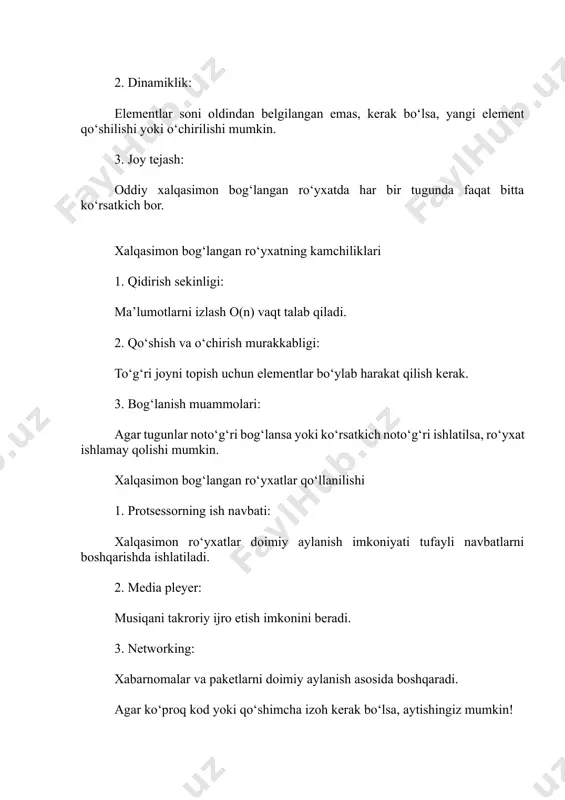 xatlar qo‘llanilishi 1. protsessorning ish navbati: xalqasimon ro‘yxatlar doimiy aylanish imkoniyati tufayli navbatlarni boshqarishda ishlatiladi. 2. media pleyer: musiqani takroriy ijro etish imkonini beradi. 3. networking: xabarnomalar va paketlarni doimiy aylanish asosida boshqaradi. agar ko‘proq kod yoki qo‘shimcha izoh kerak bo‘lsa, aytishingiz mumkin!