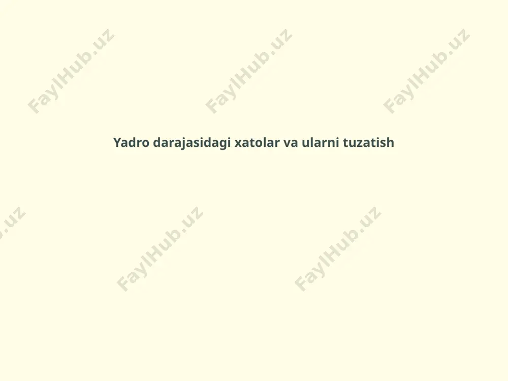 ki qo'shimcha qurilmalar yordamida tizim holatini batafsil ko'rish mumkin. debugging jarayoni muammolarni tezda hal etish uchun juda muhim. troubleshooting usullari troubleshooting operatsion tizimda xatolarni bartaraf etish, ularni aniqlash va hal qilish jarayonidir. yadro darajasidagi xatolarni tuzatish uchun bir necha usullar mavjud. ushbu usullar yig'ilgan ma'lumotlarni tahlil qilish, log fayllarini o'rganish va muayyan komponentlarni sinovdan o'tkazishni o'z ichiga oladi. troubleshooting jarayonidagi muhim bosqichlar xatolikni aniq belgilash, uni qayta takrorlash va mos yechimlar taklif qilishdir. yadro xatolarini aniqlash yadro xatolarini aniqlash jarayoni tizimni ishonchli ishlatish uchun zarur. dasturchilar odatda tizim loglarini va monitoring vositalarini tahlil qiladi. ushbu vositalar orqali foydalanuvchilar muammoni aniqlashlari va xatolik sabablarini aniqlashlari mumkin. xatolarni aniqlash uchun ko'pincha tizimning joriy holati, korishta va apparat uskunalari to'g'risidagi ma'lumotlar ko'rib chiqiladi. bu jarayonning muvaffaqiyati muammo tug'dirgan holatni tushunish va o'z vaqtida tuzatish qobiliyatiga bog'liq. mavjud vositalar va dasturlar yadro xatolarini aniqlash va tuzatish uchun turli xil vositalar va dasturlar mavjud. misol …