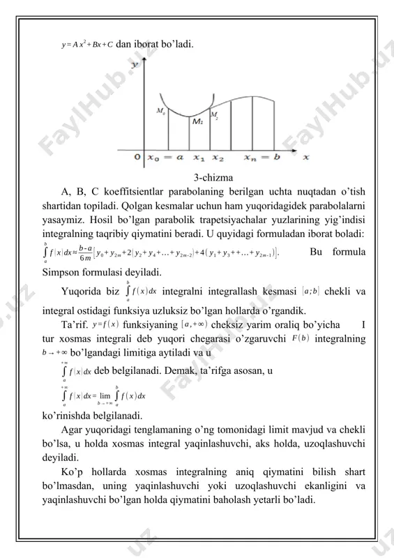 ntegral topilsin. yechish: demak, berilgan xosmas integral yaqinlashuvchi ekan. 5.xosmas integral hisoblansin. yechish: =- demak, berilgan xosmas integral yaqinlashuvchi. 6. xosmas integral hisoblansin. yechish: da integral ostidagi funksiya cheksiz uzilishga ega. demak, ta’rifga asosan demak, berilgan integral uzoqlashuvchidir. 7. xosmas integral hisoblansin. yechish: bu yerda integral ostidagi funksiya integrallash kesmasining ichki nuqtasida cheksiz uzilishiga ega. shuning uchun ta’rifga asosan, mustaqil yechish uchun topshiriqlar: 1. quyidagi integrallarni to’g’ri to’rtburchaklar formulasidan foydalanib taqribiy qiymatini toping. javob:1) 2,31; 2) 2,904; 3) -6,28332. 2.trapetsiyalar formulasidan foydalanib, quyidagi integrallarni taqribiy hisoblang. 1) javob:1)0.69315; 2)0.83566; 3)37.8183. 3. simpson formulasidan foydalanib quyidagi integrallar taqribiy hisoblansin. javob: 1) 1,0000; 2) 0,837; 3) 2,59. 4. quyidagi xosmas integrallar hisoblansin. javob: 1) 3) uzoqlashuvchi; 4) image3.png image4.wmf oleobject1.bin image1.png image2.png ò ò + + ® + ® = = b a b a dx x f x f dx x f e e e e ) ( ) ( ) …