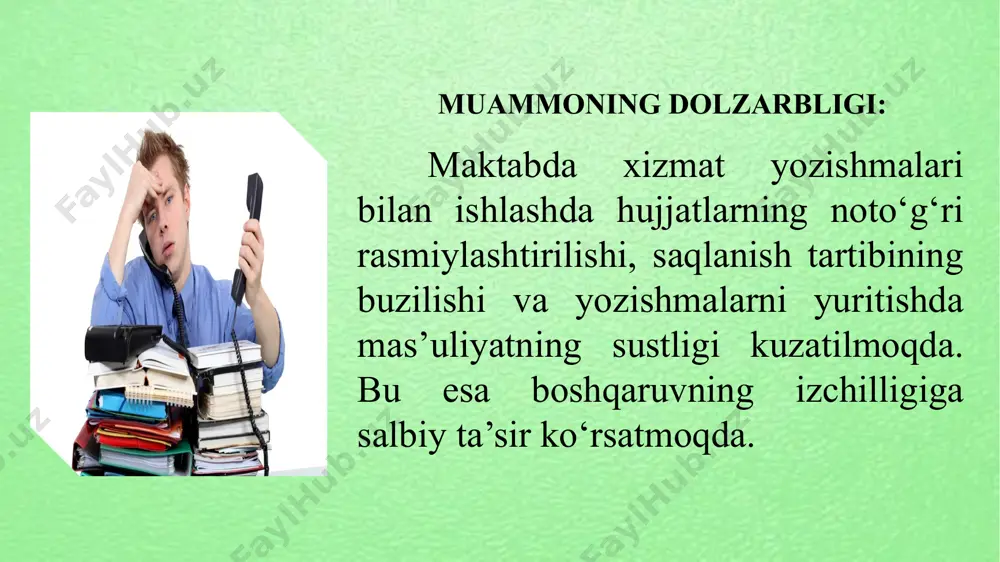 izmat yozishmalari ro‘yxatdan o‘tadi, tartib raqami beriladi, ijro nazorati yuritiladi.hujjatlarning elektron va qog‘oz nusxalari arxiv talablariga mos saqlanadi.✅ afzalliklar:ijro uchun avtomatik monitoring ishlaydi.maktabda boshqaruv jarayoni hujjatlar orqali nazorat qilinadi.rahbarlar doimiy ravishda ijro intizomiga doir hisobot topshiradi. janubiy koreya tajribasi..📌 asosiy jihatlar:.to‘liq raqamlashtirish: maktablar o‘zaro va ichki xizmat yozishmalarni 100% elektron tarzda yuritadi.neis tizimi (national education information system) — koreya ta’lim vazirligi tomonidan ishlab chiqilgan. ushbu platformada: xizmat yozishmalari yuboriladi/qabul qilinadi,har bir hujjatga raqam va ijro muddati beriladi,avtomatik eslatmalar va arxivlash tizimi mavjud. hujjatlar mobil ilovalar orqali ham kuzatib boriladi. ✅ afzalliklar:ijro intizomi yuqori. qog‘oz sarfi deyarli yo‘q. xodimlar orasida mas'uliyat oshgan. mavzu yuzasidan xorijiy davlatlar tajribalari: 8 t/r amalda o‘zbekistonda amalda xorijiy davlatlar takliflar 1. xizmat yozishmalari asosan kadr menejeri tomonidan yuritiladi. rahbar xodimlarning ishtiroki yetarli emas 1. koreyada barcha lavozimlar yozishmalar bilan faol ishlaydi. 2. hindistonda lavozimga mos yozma javobgarlik mavjud. 3. rossiyada hujjatlar lavozim vakolatlariga ko‘ra ajratilgan. har …