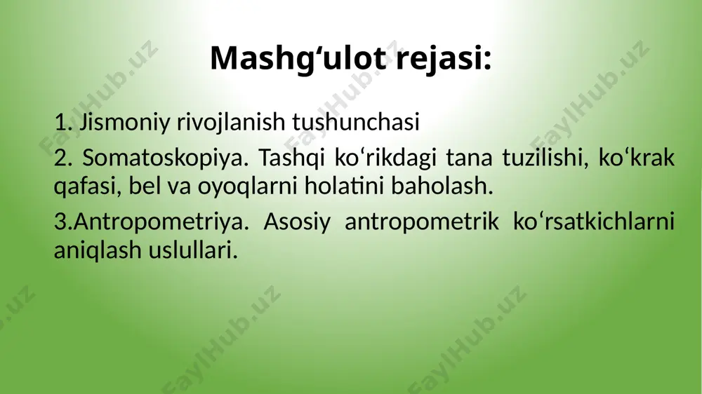 vojlanishini aniqlash usulidir. tashqi ko‘rik asosida tana tuzilishning konstitutsional tiplari aniqlanadi. odamning qanday konstitutsion turga mansubligini aniqlash uchun antropometrik o‘lchov usulidan foydalaniladi: odamning konstitutsion klassifikatsiyasi uchun turli ko‘rsatkichlar (bo‘y, ko‘krak qafasining kengligi, qorinning hajmi, muskullarning rivojlanganligi, bosh suyagining kattaligi va shu ko‘rsatkichlarning bir-biriga bo‘lgan munosabatlari) mavjud. tana tuzilishi 1. astenik tip (asteniklar)– tananing uzunasiga ketgan o‘lchovlar ko‘ndalang o‘lchovlarga nisbatan ustun, suyak skeleti yengil, yelkalar tor, oyoq-qo‘llari ingichka, ko‘krak qafasi uzunchoq, yassi va tor, epigastral burchak 900dan kam, terisi yupqa va nozik, muskullari sust rivojlangan. 2. giperstenik tip (gipersteniklar) – tananing ko‘ndalang o‘lchovlar uzunasiga ketgan o‘lchovlarga nisbatan ustun, oyoq-qo‘llar kalta, suyak skeleti og‘ir, bo‘yni kalta va qalin, yelkalari keng, ko‘krak qafasi keng, epigastral burchak 900dan katta, ya'ni o‘tkir emasligi, terisi qalinligi bilan ta'riflanadi. gipersteniklar uncha baland bo‘yli bo‘lmasa ham semizroq, kuchli odamlardir, ko‘krak qafasi keng, oyoq- qo‘llari kaltaroq bo‘ladi. 3. normostenik tip (normosteniklar) – ikki tip o‘rtasidagi holat, tananing ko‘ndalang va …