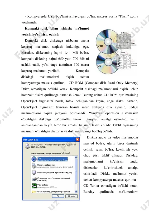 net saytlari orkali kerakli ma'lumotlar ko’chirib olinadi.biz yangi dasturni o’rnatar ekanmiz, dastur bilan birga ortiqcha fayllar dam paydo bo’ladi. internet tarmogidan foydalanayotganimizda esa dar bir yuklangan sayt orqali diskda bir muncha keraksiz fayllar to’planadi. windows xp tarkibida esa shu keraksiz fayllarni tozalovchi dastur mavjud. bu amalni bajarish uchun “pusk” tugmasi orkali “programmi ^ standartie ^ slujebnie ^ ochistka diska ” buyrug’i tanlanadi.. 9-rasm. diskni tanlash 11-расм. diskni keraksiz va qoldiq fayllardan tozalash bu kabi yordamchi dasturlar yana mavjud bo’lib ular system cleaner, system mechanic yoki norton clean sweep dasturlari, norton utilities gurudida mavjud diskni defragmentatsiya qilish (disk defragmented) defragmentatsiya - diskning tarkib qismini mantikiy optimallashtirish maqsadida klasterdagi uzluksiz ketma-ketlikda tuplangan fayllarni tartiblaydi, saqlaydi va olib borilayotgan jarayonlarni yangilaydi. defragmentatsiyadan so’ng fayllarning yozilishi va o’qilishi, dasturlarning ishlashi tezlashadi. defragmentatsiyaning boshqacha ta'rifi esa: fayllarning diskda taksimlanishi, ularni uzluksiz qattiq disk maydonlarida joylashuvidir. windows diskining defragmentatsiyasi - kompyuter dasturi bo’lib, microsoft windows ot …