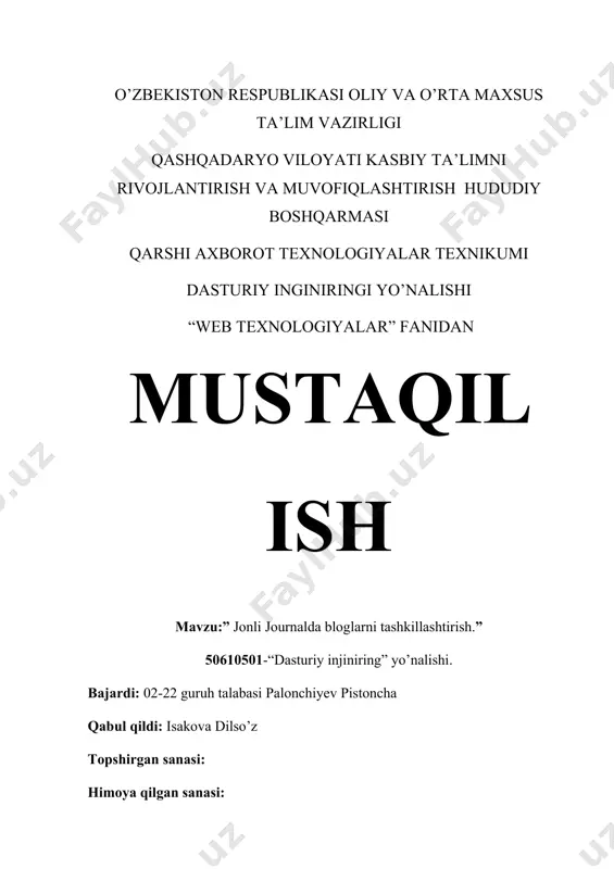 . matn standart qora rangda bo'lishi kerak. sarlavhalar va sarlavhalar qalin yoki kursiv bo'lishi mumkin; · agar yo'riqnomada ziddiyat bo'lmasa, sarlavhalar 16 turdagi bo'lishi mumkin; · matn satrlari oralig'i bir yarim bo'lishi kerak. yaxshi o'qilishi uchun boblar, asosiy fikrlar va tugallangan g'oyalar orasidagi bir qatorni o'tkazib yuborganingizga ishonch hosil qiling; · bir sahifada 1800 ta belgi bo'lishi mumkin. u har biri 60 so'zdan iborat taxminan 30 qatorni o'z ichiga oladi; · chap va o'ng qirralar mos ravishda 30 va 10 mm formatlanishi kerak; · yuqori va pastki chekkalari mos ravishda 15 va 20 mm kesilgan; · u uchinchi sahifadan boshlab raqamlanishi kerak. sahifa raqamlari yuqori o'ng burchakda; · bibliografiya nomlari alifbo tartibida; · izohlarga alohida e'tibor qaratish lozim: ular asosiy matn bilan bir xil shriftda tuzilgan, lekin 12 punktli o'lcham va bitta intervalda. bibliografiyada izoh olingan kitobga havola ko'rsatilishi kerak; · tayyor matn a-4 formatidagi varaqqa bosiladi; · ish papkaga …