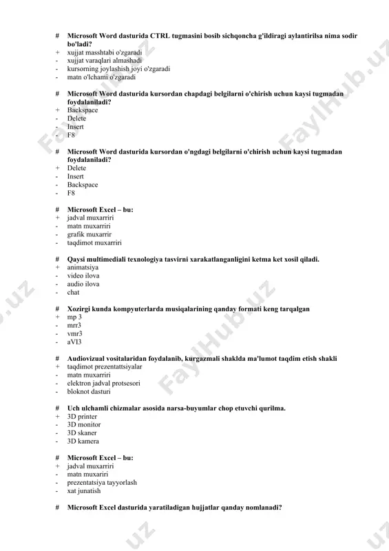 ilarni o'chirish uchun kaysi tugmadan foydalaniladi? + delete - insert - backspace - f8 # microsoft excel – bu: + jadval muxarriri - matn muxarriri - grafik muxarrir - taqdimot muxarriri # qaysi multimediali texnologiya tasvirni xarakatlanganligini ketma ket xosil qiladi. + animatsiya - video ilova - audio ilova - chat # xozirgi kunda kompyuterlarda musiqalarining qanday formati keng tarqalgan + mp 3 - mrr3 - vmr3 - avi3 # audiovizual vositalaridan foydalanib, kurgazmali shaklda ma'lumot taqdim etish shakli + taqdimot prezentattsiyalar - matn muxarriri - elektron jadval protsesori - bloknot dasturi # uch ulchamli chizmalar asosida narsa-buyumlar chop etuvchi qurilma. + 3d printer - 3d monitor - 3d skaner - 3d kamera # microsoft excel – bu: + jadval muxarriri - matn muxariri - prezentatsiya tayyorlash - xat junatish # microsoft excel dasturida yaratiladigan hujjatlar qanday nomlanadi? + “книга” - "документ1" - "презентация" - "лист" # «.xls» kengaytmaga ega …