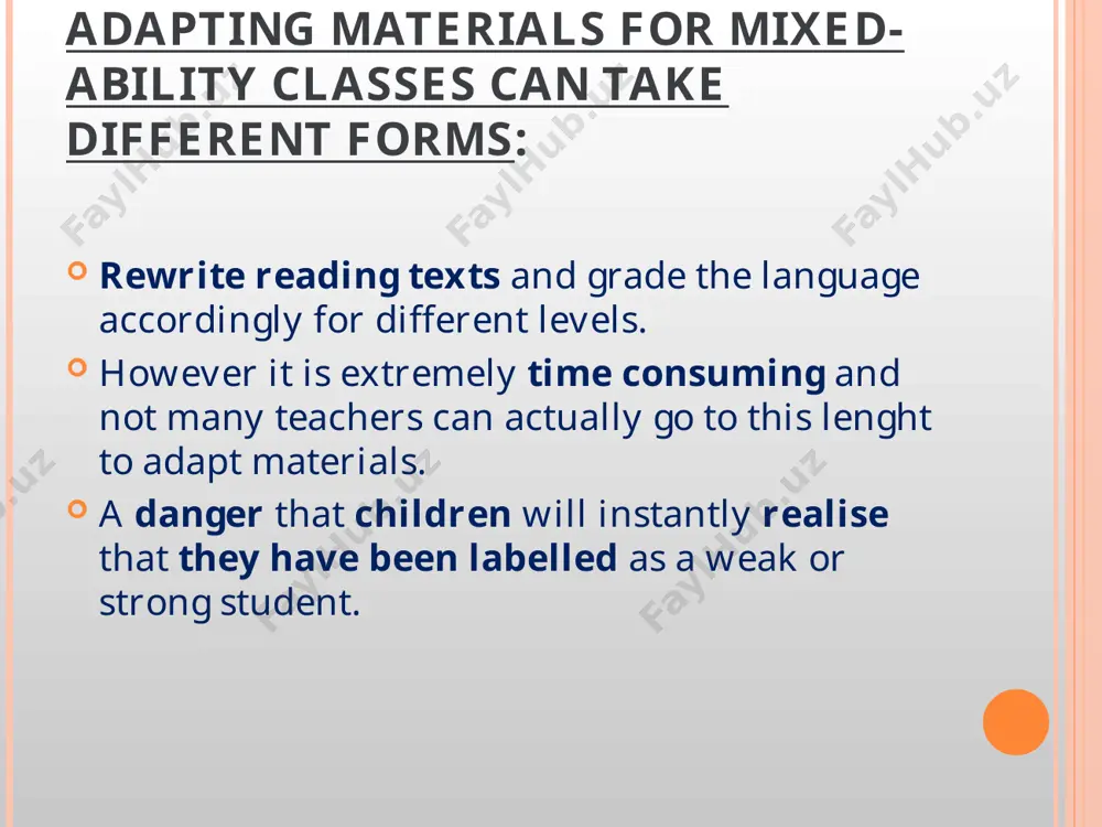 mework: give different students different homework for weaker students hw which really does consolidate the class work for stronger students work that will widen their knowledge or put it to the test a little more – they need the feedback writing tasks are great for hw error correction: have different expectation of the language the different students produce it can push stronger students if you correct them heavily, although be sensitive about it! for weaker students, be more selective in your error correction work groupings: you may consider dividing your class into groups by level for the whole lesson, enabling you to give a different level or number of tasks to each group pair work: strong with strong, weak with weak or strong with weak – variety in the pairings is the key group work: groups could be of mixed levels or similar ones whole class-mingles: is a favoured strategy. …