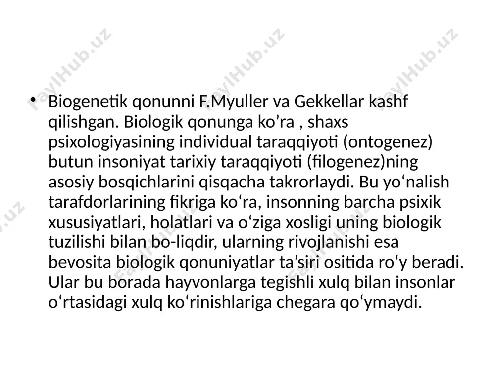 g kelib chiqishidir. masalan, eng katta farzandning boshliqlikka qobiliyatli bo’lishi, o‘rtancha farzandning erkinlik xoxlashi, eng kichigida esa o’zini yolg’iz his qilish va boshqalarni mensimaslik kabilar kuzatilisi. ollportning fikricha shaxsiyat o’ziga hos 2 xil xususiyat bilan ifodalanadi: 1) tabiiylikda - bunda shaxsning tabiiy hususiyatlarining roli katta hisoblanadi va u insonning hayot tarzida namoyon bo’ladi. 2) tasviriy - bunday holatda shaxsning faqat o’zigaginga hos bo’lgan xarakterlari namoyon bo’ladi. david martin “human behaviours”usa, 2010 (mazmunidan foydalanildi) rus psixologiyasida shaxsning rivojlanishi muammosi l.s.vigotskiy, p.p.blonskiy, s.l.rubinshteyn, a.n.leontev, b.g.ananev, l.i.bojovich singari yirik psixologlarning ishlarida o’z aksini topgan. keyinchalik bu masala bilan shug‘ullanuvchilar safi kengayib bordi. xuddi shu boisdan shaxsning tuzilishi, ilmiy manbai, rivojlanishning o’ziga xosligi boyicha yondashuvda muayyan darajada tafovutga ega. hozirgi davrda shaxsning rivojlanishi yuzasidan mulohaza yuritilganda olimlarning ilmiy qarashlarini muayyan guruhlarga ajratish va undan so’ng ularning mohiyatini ochish maqsadga muvofiq. ontogenezda shaxs taraqqiyotini bir necha bosqichlarga ajratish va ularning har biriga alohida ilmiy psixologik …
