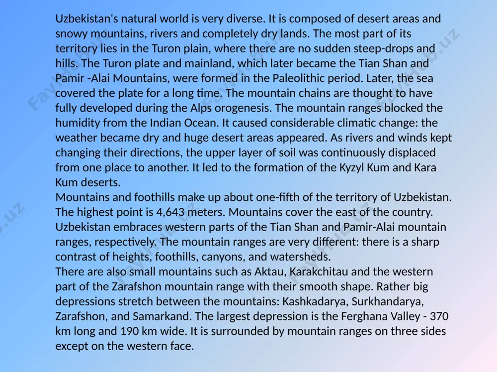 ndyrs. landscape of submountainous plains is characterized by grass, there are no trees, and bushes may be found along the water flows. various species of onion, tulips, rhubarb, irises grow here. high foothills feature dry steppes with motley grass on gray earth. ushes such as almond-tree, kurchava, cherry grove grow on stony sites. the most valuable wood species - zerafshani archa grows in lower mountains. deciduous species such as maple, hawthorn, various sorts of wild apple-trees, pistachio-tree, walnut-tree, birch, willow, poplar, cherry-tree are also widespread. lower mountains are rich in bushes: honeysuckle, barberry, dog-rose, meadow-sweet, bushes of wild grape. grasses are also very diverse: muscat sage, rhubarb, tulip, pskem onion (precious herb). middle mountains feature dog-rose and other bushes. only 30% of high mountains are covered with plants. mostly tipchak grows here. fauna like flora, uzbekistan’s fauna is also very diverse. one can find many representatives of asian fauna. among …