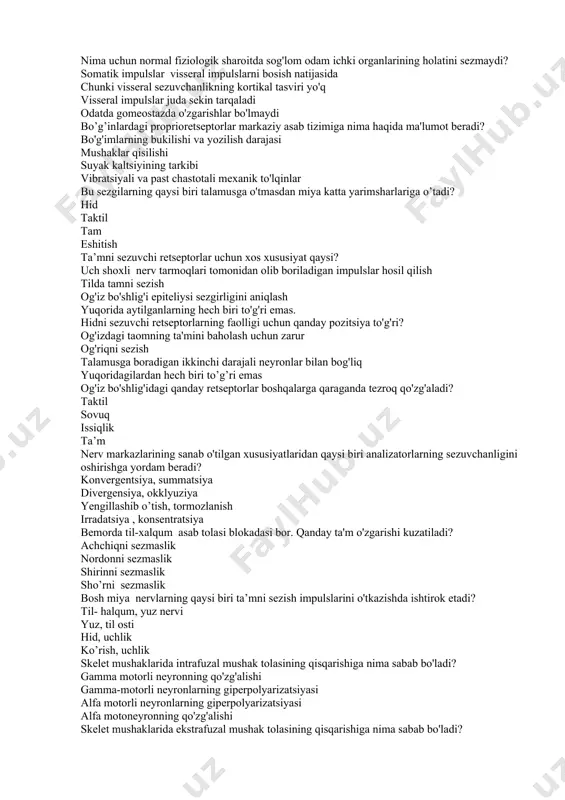 sh xulq -atvorning ijtimoiy shakllarining shakllanishi nima uchun normal fiziologik sharoitda sog'lom odam ichki organlarining holatini sezmaydi? somatik impulslar visseral impulslarni bosish natijasida chunki visseral sezuvchanlikning kortikal tasviri yo'q visseral impulslar juda sekin tarqaladi odatda gomeostazda o'zgarishlar bo'lmaydi bo’g’inlardagi proprioretseptorlar markaziy asab tizimiga nima haqida ma'lumot beradi? bo'g'imlarning bukilishi va yozilish darajasi mushaklar qisilishi suyak kaltsiyining tarkibi vibratsiyali va past chastotali mexanik to'lqinlar bu sezgilarning qaysi biri talamusga o'tmasdan miya katta yarimsharlariga o’tadi? hid taktil tam eshitish ta’mni sezuvchi retseptorlar uchun xos xususiyat qaysi? uch shoxli nerv tarmoqlari tomonidan olib boriladigan impulslar hosil qilish tilda tamni sezish og'iz bo'shlig'i epiteliysi sezgirligini aniqlash yuqorida aytilganlarning hech biri to'g'ri emas. hidni sezuvchi retseptorlarning faolligi uchun qanday pozitsiya to'g'ri? og'izdagi taomning ta'mini baholash uchun zarur og'riqni sezish talamusga boradigan ikkinchi darajali neyronlar bilan bog'liq yuqoridagilardan hech biri to’g’ri emas og'iz bo'shlig'idagi qanday retseptorlar boshqalarga qaraganda tezroq qo'zg'aladi? taktil sovuq issiqlik ta’m nerv markazlarining …