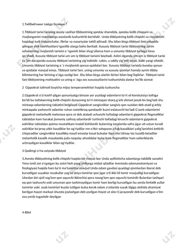 '.ar, suvlar va manzillar", "tibbiy qasam ", "epidemiyalar", "prognostika", " 0 ‘tkir kasalliklarda parhez", "c hiq q an b o ‘g‘inlarni joyiga solish". "chiqqan-singanlar", "bosh jaro h atlari”, "richag" ("m oslam a”), "qonun", "aforizmlar" ("hikmatli so‘zlar"), "qadimgi tibbiyot". b a’zi tibbiyot tarixchilari oxirgi ikki kitob g ippokratdan oldin o'tgan boshqa hakim tomonidan yozilgan, degan fikrdalar."g ippokrat to‘plami" dunyoning ko‘p tillariga tarjim aqilingan.uni sam arqand tibbiyot institutining professori i.v.rudnev qadimgi yunon (ionia) tilidan ruschaga tarjim a qilib, uch jildli kitob qilib chiqardi, birinchi jild "tanlangan asarlar" deb ataladi. ikkinchi va uchinchi jildlari "asarlar" deb ataladilar. 3. qadimgi xitoyda asosiy davolash usullari 3.kasallarni davolashda qadimgi xitoy hakimlari boshqa xalqlarda bo‘lmagan ko‘p o ‘ziga xos usullarni qo‘llaganlar. bu usullardan eng mashhuri uchta. bular, moksa, massaj va igna sanchib davolash usullaridir. moksa - kasal a’zoni, to ‘g‘rirog‘i shu a’zoni qoplab turgan terini quritilganturli shifobaxsh o'simliklarni tutatib, bir oz kuydirishdiri. fiziologiya fanida ekstraretseptorlar orqali ichki …