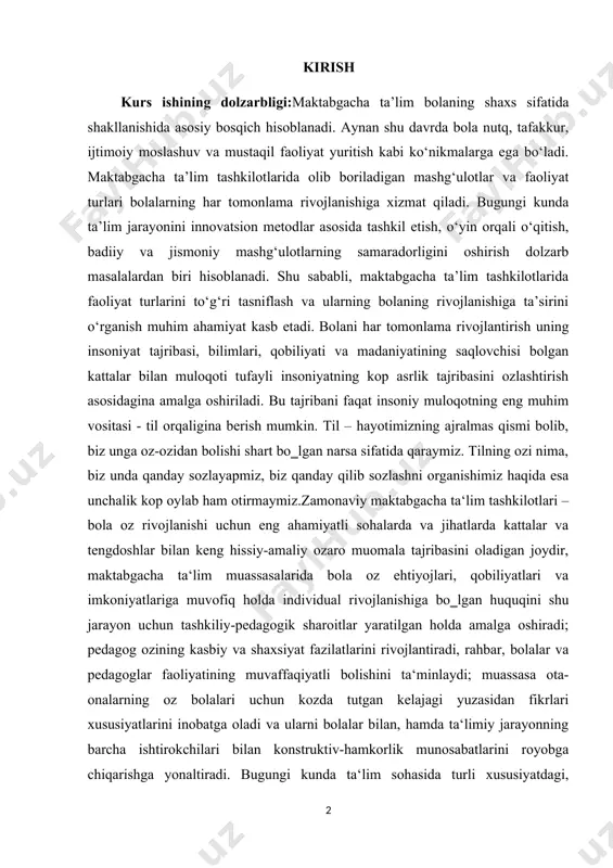 nsoniy muloqotning eng muhim vositasi - til orqaligina berish mumkin. til – hayotimizning ajralmas qismi bolib, biz unga oz-ozidan bolishi shart bo‗lgan narsa sifatida qaraymiz. tilning ozi nima, biz unda qanday sozlayapmiz, biz qanday qilib sozlashni organishimiz haqida esa unchalik kop oylab ham otirmaymiz.zamonaviy maktabgacha ta‘lim tashkilotlari – bola oz rivojlanishi uchun eng ahamiyatli sohalarda va jihatlarda kattalar va tengdoshlar bilan keng hissiy-amaliy ozaro muomala tajribasini oladigan joydir, maktabgacha ta‘lim muassasalarida bola oz ehtiyojlari, qobiliyatlari va imkoniyatlariga muvofiq holda individual rivojlanishiga bo‗lgan huquqini shu jarayon uchun tashkiliy-pedagogik sharoitlar yaratilgan holda amalga oshiradi; pedagog ozining kasbiy va shaxsiyat fazilatlarini rivojlantiradi, rahbar, bolalar va pedagoglar faoliyatining muvaffaqiyatli bolishini ta‘minlaydi; muassasa ota-onalarning oz bolalari uchun kozda tutgan kelajagi yuzasidan fikrlari xususiyatlarini inobatga oladi va ularni bolalar bilan, hamda ta‘limiy jarayonning barcha ishtirokchilari bilan konstruktiv-hamkorlik munosabatlarini royobga chiqarishga yonaltiradi. bugungi kunda ta‘lim sohasida turli xususiyatdagi, yonalishdagi va ahamiyatdagi nihoyatda kop innovatsiyalar mavjud, katta yoki …