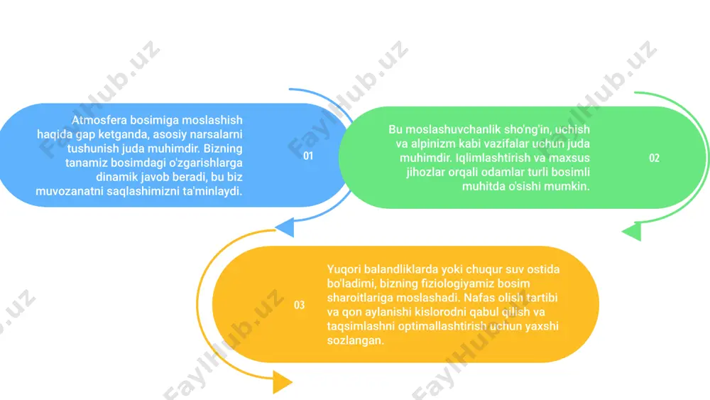 nafas qisilishi mavjud, ammo ularni to'g'ri iqlimlashtirish bilan engillashtirish mumkin. uchuvchilar va alpinistlar ko'pincha yuqori balandliklarga yaxshiroq moslashish, ularning xavfsizligi va qiyin sharoitlarda ishlashini ta'minlash uchun mashg'ulotlardan o'tadilar. ushbu moslashuvlarni tushunish ularning muvaffaqiyati uchun juda muhimdir. adabiyotlar. sodiqov k.s. “o`quvchilar fiziologiyasi va gigiyenasi” t. o`qituvchi 1992 yil. galperin s.n. “bolalarning fiziologik hususiyatlari” m. prosveshenie. temkin b.n. “maktab gigiyenasi” t. o`qituvchi 1972 yil. sharipova d.j., vohidova r.g. “o`quvchular toliqishini oldini olish” t. medisina 1986 yil. matyushonok i.t. “boshlang`ich maktab o`quvchilarining anatomiya – fiziologiya va gigienasi” t.o`qituvchi 1972 yil. qodirov u.z. “odam fiziologiyasi” abu ali ibn sino nomidagi tibbiyot nashriyoti t. 1996 yil. aminov b., tilavov t. “odam va uning salomatligi” t. o`qituvchi 1993 yil. turaqulov yo. x. “hozigi zamon biologiyasi va irsiyat masalalari” t. fan 1969 yil. sharipova d.j., semyonova l. “o`quvchilarga gigiyenik ta`lim va tarbiya berish” t. o`qituvchi 1983 yil. majidov v.m. “yuqumli kasalliklar” t. ibn sino nashriyoti 1993 yil. …
