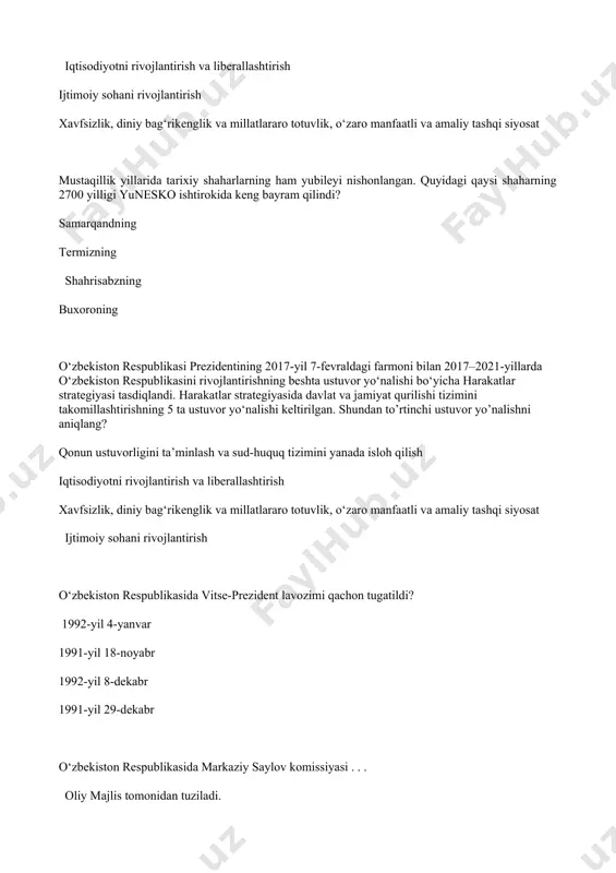 ? 2000-yilda 2001-yilda 2002-yilda 2003-yilda o‘zbekistonning mustaqillik deklaratsiyasi qachon qabul qilindi? 1990-yil 20-iyunda 1990-yil 18-iyunda 1991-yil 17-martda 1991-yil 31-avgust qoraqalpog‘iston respublikasi davlat bayrog‘i tasdiqlangan sana qaysi qatorda to‘g‘ri ko‘rsatilgan? 1992-yil 18-fevral 1994-yil 20-mart 1992-yil 14-dekabr 1993-yil 2-aprel qachondan boshlab 1-sinf o‘quvchilariga bepul o‘quv anjomlari, darsliklarni berish joriy etilgan? 1997-yildan 1998-yildan 1999-yildan 2000-yildan 1993-yil 4-dekabrda bo‘lgan voqeani aniqlang. o‘zbekistonda inson huquqlari bo‘yicha milliy markaz tashkil topdi mamlakatimizda «xalq ijodiyoti» festivali o‘tkazila boshladi «fidokor» gazetasi nashr etila boshladi qoraqalpog‘iston respublikasi davlat madhiyasi tasdiqlandi o’zbekiston respublikasi oliy kengashining 1991-yil 18-noyabrda bo’lib o’tgan qaysi sessiyasida «o’zbekiston respublikasining davlat bayrog’i to’g’risida»gi qonuni qabul qilingan? viii sessiyasida vii sessiyasida x sessiyasida xi sessiyasida 1992-yil 10-dekabrda o’zbekiston respublikasi oliy kengashining qaysi sessiyasida «o’zbekiston respublikasining davlat madhiyasi to’g’risida»gi qonuni qabul qilingan? vii sessiyasida viii sessiyasida xii sessiyasida xi sessiyasida quyidagi tarixiy voqealardan qaysi biri boshqalariga qaraganda oldinroq qabul qilingan? o’zbekiston respublikasi davlat bayrog’ining qabul qilinishi «o’zbekiston respublikasi davlat …