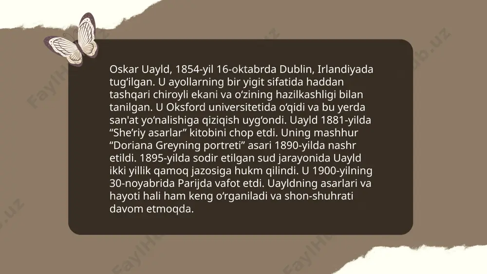 yldning she'rlari va esselari adabiyotda alohida o'ringa ega. oskar uayld, irland yozuvchisi, asosan kattalar uchun mo'ljallangan asarlar yozgan. uning she'rlari o'z davrining muhimi sanaladi; 1881-yilda nashr etilgan "poems" to'plami taniqli. uayldning esselari esa zamonaviy madaniyat va san'atni keskin tahlil qiladi. eng mashhur esselaridan biri "the critic as artist" bo'lib, unda san'atning ijtimoiy funktsiyasi haqida so'z yuritiladi. uayldning asarlari 19-asr oxiri va 20-asr boshlaridagi adabiy harakatlarga katta ta'sir ko'rsatgan. 1900-yilda olamdan o‘tgandan so‘ng, uning asarlari jahonda adabiyot ixlosmandlari tomonidan qadrlanadi. ... t.me/slaydai_bot oskar uayld (1854-1900) ingliz yozuvchisi va estetik harakati vakili bo'lib, estetik qarashlari bilan tanilgan. uayld san'at va hayot o'rtasidagi o'zaro aloqani tadqiq etgan. u "san'at san'at uchundir" degan prinsipni qo'llab-quvvatlagan, ya'ni san'atning asosiy maqsadi go'zallikni ifodalashdan iborat deb hisoblagan. uayldning asarlari, masalan, "dorian grey portreti" romanida bu qarashlar yaqqol namoyon bo‘ladi. u asarlarida go‘zallik, axloq va inson tabiatining murakkab tomonlarini o‘rgangan. shuningdek, u teatr olamida ham muhim ijodiy ishtirok …