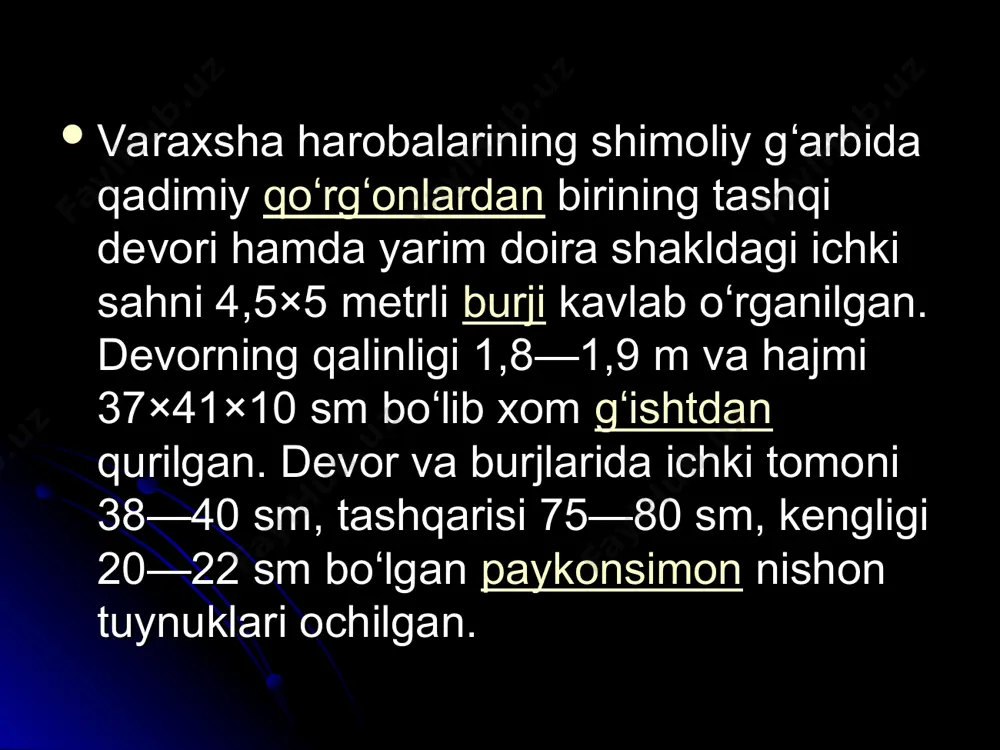 hi qavatidagi xona ganchkori naqshlar bilan bezatilgan ekan. ko‘plab topilgan qabartma ganchkori naqshlar orasida hovuzda suzib yurgan baliqlar, yerlkasidan o‘q yegan arxar, yelib borayotgan jayran, bedanalar, ayol boshli baxt qushi — humo, hamlaga tayyorlanayotgan ajdarho, taqimiga sadoq bog‘lagan suvoriy hamda ko‘pdan ko‘p ayollarning bosh qismlari bilan bir qatorda turli xil islimiy va girih parchalari uchraydi . varaxsha saroyi xonalarining birida taxtda o‘tirgan shohning qabul marosimi aks ettirilgan rangli devor saqlanib qolgan. boshqa xonada fil mingan jangchi tasvirlangan. ular o‘z qurollari yordamida yo‘lbars, qoplon va boshqa noma’lum afsonaviy hayvonlarni halok qilishmoqda. ilk o’rta asrlarda o’rta osiyoda shahar hunarmandchiligi keng tarmoq otib rivojlanishda davom etdi. samarqand, buxoro, poykent va boshqa shaharlar yirik savdo-sotiq markazlari sifatidagi o’rnini saqlab qoldi. hatto shosh-iloq vohasidagi shaharlar juda jadal rivojlanish yo’liga tushib oldi. bu shaharlarda hunarmandchilikning kulolchilik, shishasozlik, metallurgiya, to’qimachilik sohalari yuksak professional darajada rivojlanib ular ko’p hollarda tashqi savdo uchun mahsulot chiqarar edilar. varaxsha shahar xarobasida …