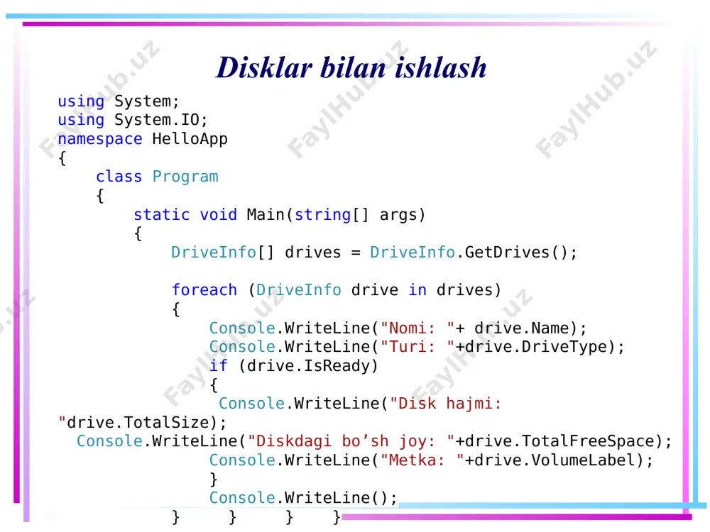 ntda // file.delete(path); } 17 fayllar bilan ishlash. file va fileinfo sinflari faylni ko'chirish string path = @"c:\apache\hta.txt"; string newpath = @"c:\somedir\hta.txt"; fileinfo fileinf = new fileinfo(path); if (fileinf.exists) { fileinf.moveto(newpath); // file sinfi bilan boshqa variantda // file.move(path, newpath); } 18 fayllar bilan ishlash. file va fileinfo sinflari faylni nusxalash string path = @"c:\apache\hta.txt"; string newpath = @"c:\somedir\hta.txt"; fileinfo fileinf = new fileinfo(path); if (fileinf.exists) { fileinf.copyto(newpath, true); // file sinfi bilan boshqa variantda // file.copy(path, newpath, true); } 19 fayllar bilan ishlash. file va fileinfo sinflari fileinfo sinfining copyto metodi ikkita parametrga ega: fayl nusxalanadigan yo'l va nusxa ko'chirish vaqtida faylni qayta yozish kerakligini ko'rsatadigan mantiqiy qiymat (agar true bo'lsa, yuqoridagi holatda bo'lgani kabi, nusxa ko'chirish paytida fayl qayta yoziladi). agar so’ngi parametr sifatida false qiymati uzatilsa, unda bunday fayl mavjud bo'lsa, dasturda xatolik yuz beradi. file sinfining copy metodi uchta parametrga ega: dastlabki faylga yo'l, fayldan nusxa …