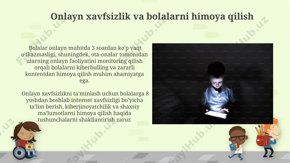 n ortiq onlayn platformalarda ijodiy loyihalarni taqdim etish va o'z fikrlarini erkin ifoda etish imkoniyatlari mavjud, biroq ulardan foydalanishda yosh chegaralari va xavfsizlik choralarini hisobga olish zarur. o'zbekiston respublikasining "ommaviy axborot vositalari to'g'risida"gi qonuni bolalar huquqlarini himoya qilish, shu jumladan, ularning ijodkorlik va o'z-o'zini ifoda etish huquqlarini ta'minlashga qaratilgan 5 dan ortiq moddalarni o'z ichiga oladi. zo'ravonlik va salbiy kontentning ta'siri bolalarga zo'ravonlik va salbiy kontentli media mahsulotlarining ta'siri ularning psixologik rivojlanishiga salbiy ta'sir ko'rsatib, 30% gacha agressiv xulq-atvorning kuchayishiga olib kelishi mumkin. salbiy media kontentiga doimiy ta'sir qilish bolalarda tushkunlik va xavotirlilik xavfini 2 barobar oshirib, ruhiy salomatlik muammolariga olib kelishi mumkin. internet va ijtimoiy tarmoqlarning ta'siri internet va ijtimoiy tarmoqlar bolalarga 7 yoshdan boshlab ta'sir ko'rsata boshlaydi, ularda o'z-o'zini ifoda etish va shaxs sifatida rivojlanishga ta'sir qiluvchi 10 dan ortiq turli xil kontent mavjud. bolalar onlayn muhitda o'zlarini himoya qilish qobiliyatiga ega emasligi sababli, kamida 30% bolalar kiber-jinoyatlarning …