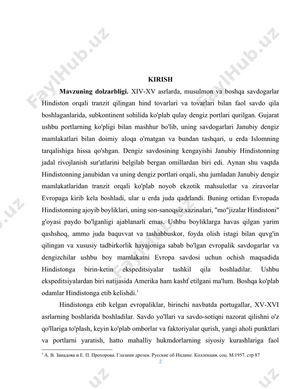 shkil qila boshladilar. ushbu ekspeditsiyalardan biri natijasida amerika ham kashf etilgani ma'lum. boshqa ko'plab odamlar hindistonga etib kelishdi.[footnoteref:1] [1: а. в. занадова и е. п. прохорова. глазами дрозеи. русские об индине. коллекция. соц. м.1957. стр 87] hindistonga etib kelgan evropaliklar, birinchi navbatda portugallar, xv-xvi asrlarning boshlarida boshladilar. savdo yo'llari va savdo-sotiqni nazorat qilishni o'z qo'llariga to'plash, keyin ko'plab omborlar va faktoriyalar qurish, yangi aholi punktlari va portlarni yaratish, hatto mahalliy hukmdorlarning siyosiy kurashlariga faol aralashish. portugallardan keyin dunyoning ushbu mintaqasida gollandiyaliklar paydo bo'ldi, ammo ular tez orada o'zlarining sa'y-harakatlarini gollandiyalik hindiston, ya'ni indoneziya orollari deb ataladigan ziravorlarga boy resurslardan foydalanishga qaratdilar. shundan so'ng, frantsuz va inglizlarning navbati keldi, qolganlarini hisobga olmaganda, ular kamtarona pozitsiyalarni egalladilar. hindiston va unga tutash osiyo hududlarini mustamlaka qilish davri boshlandi. kurs ishining maqsad va vazifalari. mazkur ishning asosiy maqsadi, hindistonda angilya hukumatini o’rnatilishi o` masalalarni o`rganib, ularga xolisona baho berishdir. kurs ishining mavzusidan kelib chiqib, …