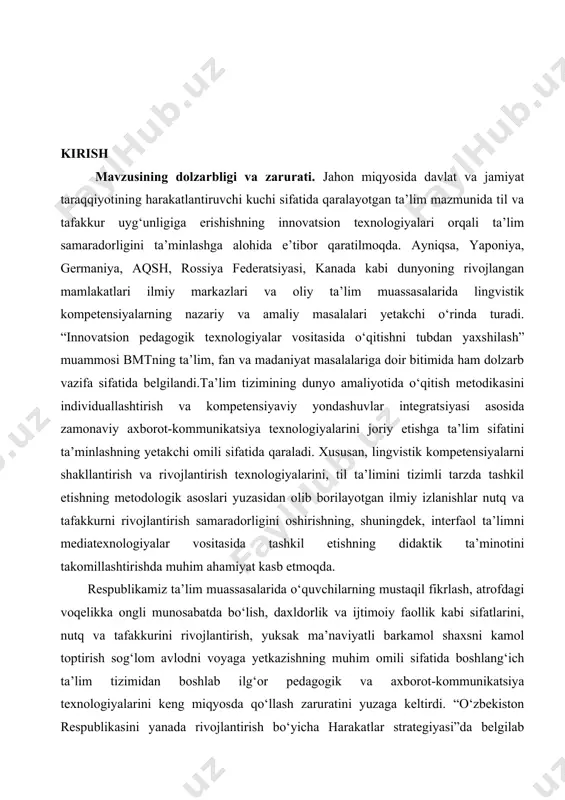gan, qat’iy hayotiy nuqtai nazarga ega, vatanga sodiq yoshlarni tarbiyalash, demokratik islohotlarni chuqurlashtirish va fuqarolik jamiyatini rivojlantirish jarayonida ularning ijtimoiy faolligini oshirish” vazifasi shaxsning intellektual salohiyatini shakllantirishga, jamiyatning ijtimoiy, siyosiy, madaniy, ma’rifiy hayotida faol va muvaffaqqiyatli ishtirokini ta’minlashga zamin yaratadi. uzluksiz ta’lim tizimini yanada takomillashtirish yo‘lini davom ettirish, mehnat bozorining zamonaviy ehtiyojlariga muvofiq yuqori malakali kadrlarni tayyorlash, ilmiy va innovatsion yutuqlarni amaliyotga joriy etishning samarali mexanizmlarini yaratish qayd qilingan mazkur farmon boshlang‘ich ta’lim tizimida ham o‘qitish sifatini takomillashtirishni taqozo etadi. muammoning o‘rganilganlik darajasi. inson hayotida nutq va tafakkurning o‘rni va roli hamda mustaqil fikrlash madaniyati va u bilan bog‘liq bilish jarayonini faollashtirish muammosi kaykovus, forobiy, mahmud koshg‘ariy, yusuf xos hojib, alisher navoiy kabi buyuk mutafakkirlar asarlarida o‘z ifodasini topgan. tadqiqotning maqsadi boshlang‘ich sinflarning ona tili ta’limida mustaqil ishlar orqali o‘quvchilar nutqi va tafakkurini rivojlantirishning pedagogik mexanizmini takomillashtirishga doir taklif va tavsiyalar ishlab chiqishdan iborat. mavzuning vazifalari: boshlang‘ich sinf ona tili …