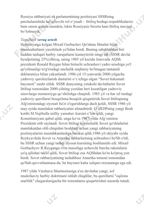 991 yilda o'zaro iqtisodiy yordam kengashi va varshava shartnomasi tashkiloti rasman o'z faoliyatini to'xtatdi.qadimgi ittifoqchilarsiz qolgan va yangi ittifoqchilarga ega bo'lmagan sssr xalqaro munosabatlarda tashabbusni tezda yo'qotdi.sssrning mavjudligi aqshni dunyodagi yagona super davlatga aylantirdi. 1991 yil dekabr oyida amerika prezidenti o'z xalqini sovuq urushda g'alaba qozonganligi bilan tabrikladi. qayta qurish siyosatining boshlanishi. 1985 yilda u kpss markaziy qo'mitasining bosh kotibi bo'ldi m. s. gorbachev. kpss markaziy komitetining 1985 yil aprelda boʻlib oʻtgan plenumida jamiyatni oʻzgartirish maqsadida mamlakatda keng koʻlamli islohotlar amalga oshirilayotganligi eʼlon qilindi. bir qator sohalarda, jumladan, iqtisodiyotda ham islohotlarni amalga oshirish rejalashtirilgan edi. ayniqsa, mashinasozlik sanoatini rivojlantirishga katta e'tibor berilishi kerak edi. mashinasozlik iqtisodiyotning barcha boshqa tarmoqlarini rivojlanishida ortda qoldirishi kerak edi. hukumat tomonidan qabul qilingan va tasdiqlangan qayta qurish toʻgʻrisidagi birinchi qonunlar “mastlik va alkogolizmga qarshi kurashish chora-tadbirlari toʻgʻrisida”gi farmon va “davlat qabuli toʻgʻrisida”gi qonunlar boʻldi. ammo alkogolga qarshi kampaniya muvaffaqiyatsizlikka uchradi, chunki davlat spirtli ichimliklar sotishdan …