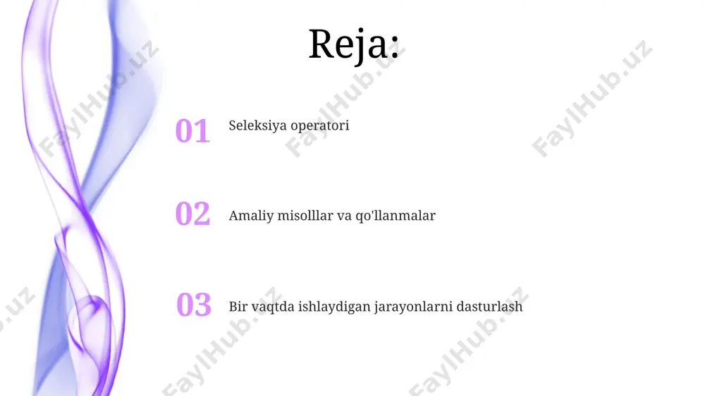 boshqalari esa bir vaqtning o'zida bir nechtasini tanlash imkonini beradi (masalan, parallel bajarish uchun). tanlash operatorining ikkita asosiy turi mavjud: 1) bloklovchi (blocking) va 2) bloklovchi bo'lmagan (non-blocking) operatorlar. bloklovchi operatorlar jarayon tugaguncha kutsa, bloklovchi bo'lmagan operatorlar darhol keyingi operatsiyaga o'tadi. parallel jarayonlashga kirish amaliyotda, parallel jarayonlashdagi haqiqiy tezlashuv, vazifalarning mustaqilligi va protsessorlar orasidagi aloqa xarajatlari kabi omillar bilan cheklanadi. masalan, 8 ta yadroli tizimda 8 tadan ortiq vazifani ishlatish samarasiz bo‘lishi mumkin. parallel jarayonlash, bir nechta vazifani bir vaqtning o‘zida bajarish imkonini beruvchi, protsessor yadrolari soniga bog‘liq holda 2x, 4x yoki undan ham ko‘proq tezlashuvga olib kelishi mumkin. o'zaro bloklanish muammolari deadlockning oldini olish uchun 4 ta shartning kamida bittasi buzilishi kerak: o'zaro chiqish, egallab olish va kutish, oldindan egallab olish va aylana kutish. o'zaro bloklanish, 2 yoki undan ortiq jarayonlar bir-birining tugashini kutib, resurslarni egallagan holat bo'lib, tizimning butunlay to'xtab qolishiga olib kelishi mumkin. e'tiboringiz uchun rahmat @taqdimot_robot …