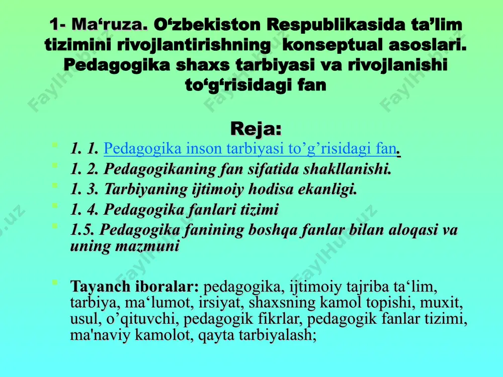 os komenskiyning hissasi katta bo‘ldi. uning «buyuk didaktika» asari haqli ravishda pedagogika sohasida yaratilgan birinchi ilmiy asar hisoblanadi. xviii asrga kelib o‘rta osiyoda ham pedagogik fikrlar taraqqiy eta boshladi. asrimizning boshlarida vatandoshlarimizdan m. bexbudiy, abdulla avloniy, saidrasul aziziy, a. fitrat, saidahmad siddiqiy kabi ma’rifatparvar jonkuyarlari yetishib chiqdi. bu olimlar yangi usul maktablari tuzishda, darsliklar yaratishda, xalq o‘rtasida ma’rifatni targ’ib etishda jonkuyarlik qildilar. hozirgi davrda pedagogikaning vazifasi milliy istiqlol g’oyalaridan kelib chiqadigan ta’lim-tarbiyaning mazmuni, metodlarini ishlab chiqish, milliy ta’lim tizimini yaratish va yosh avlodni bilim, ma’naviy madaniyatini jahon andozalari darajasiga yetkazishdir. 1. 2. pedagogikaning asosiy (kategoriya) tushunchalari. pedagogika fanining ob‘ekti asosan maktab o‘quvchilaridir, predmeti esa o‘quvchi (talaba)larga berilayotgan ta’lim-tarbiya nazariyasi va amaliyotidir. pedagogika ta’lim-tarbiya maqsadini jamiyat talablariga va o‘quvchilarning yosh xususiyatlariga qarab mazmunan o‘zgarib borishini o‘rgatadi, tarbiyaning tarkibiy qismlarini va ular o‘rtasidagi bog’lanishlarni ochib beradi. pedagogika faniga tavsif berilganda «ta’lim», «tarbiya», hamda «ma’lumot» degan so‘zlarni ishlatdik. bu so‘zlar o‘zaro bog’langan bo‘lib …