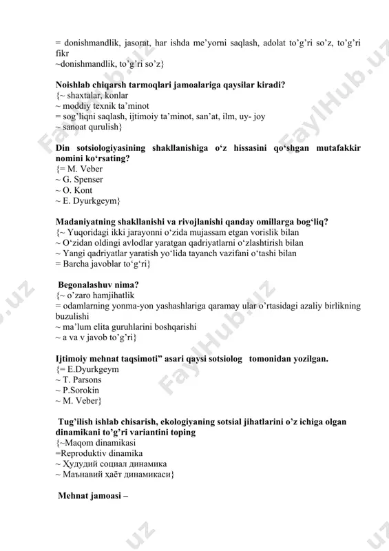 iqot predmeti nimalardan iborat? {~ ijtimoiy mavjudlikning ilmiy bilish jarayoniga jalb etilgan soha = o’rganiladigan hodisaning ajratilgan xossalari, tomonlari, jarayonlari ijtimoiy mavjudlikning ilmiy bilish jarayoniga jalb etilgan soha ~ ijtimoiy hatti-harakatlardan ~ ijtimoiy munosabatlardan} istiqboldagi kutilayotgan ijtimoiy holatga mos me'yorlarni topish, hamda shu holatga olib keluvchi shart-sharoitlarni aniqlash qaysi bashoratga kiradi? {~ me'yorlar bashorati ~ tahdidlar bashorati = istiqboldagi holatlarni bashorat qilish ~ ijtimoiy bashorat} qaysi jamiyatshunos olim jamiyat tarkibini amaliy jihatdan uch yirik guruhga ajratadi: faylasuflar, harbiylar va qullar {=platon ~)arastu ~ suqrot ~ demokrit} sotsiologiyada kishilarning muayyan ijtimoiy guruh va tabaqalardan boshqarishga o‘tishlarini, ayni bir sotsial tabaqa doirasida mashg‘ulotlarning almashtirilishi nimani anglatadi. {~ sotsial harakat = sotsial mobillik ~ sotsial munosabatlar ~ sotsial norma} jamiyatning o‘zgarish va rivojlanish holatlarini, ijtimoiy o‘zgarishlarning ichki va tashqi omillarni ifodalovchi sotsial kategoriya nima? {= sotsial dinamika ~ sotsial statika ~ sotsial mobillik ~ sotsial munosabatlar} anketa usuli necha xilda olib boriladi? {= …