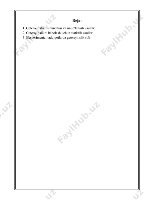hlardan biri bo'lib, taqsimotdagi geterojinslik yoki notenglik darajasini o'lchaydi. bu ko'rsatkich noldan birgacha bo'lgan qiymatlarga ega bo'lib, nol notenglik yo'qligini, bir esa to'liq notenglikni bildiradi. 5. **klaster tahlili**: bu geterojinslikni o'lchash uchun ishlatiladigan guruhlashtirish texnikasi bo'lib, o'xshash xususiyatlarga ega bo'lgan elementlarni bir guruhga jamlaydi. bu usul orqali geterojinslikni aks ettiruvchi klasterlar aniqlanishi mumkin. 6. **anova (varians analyzı) testi**: anova testi turli guruhlar o'rtasidagi geterojinslikni baholashda ishlatiladi. u muayyan farqlarning mavjudligini tekshirishga yordam beradi. 7. **chi-kvadrat testi**: nominal ma'lumotlardagi geterojinslikni o'rganishda qo'llaniladi. bu test orqali kutilgan va kuzatilgan natijalar o'rtasidagi farqlar mavjudligi aniqlanadi. bu tushunchalar va usullar fanlararo tadqiqotlarda keng qo'llaniladi. geterojinslikni tahlil qilish biror jarayon yoki hodisaning qanday farqlanishini aniqlashda, tahlillarimizni aniqroq qilishda va yangi bilimlar hosil qilishda yordam beradi. qolaversa, geterojinslik masalasi ijtimoiy va iqtisodiy tahlillarda o'rganiladigan asosiy nuqtalardan biri hisoblanadi, chunki u taqsimotlar va resurslarning qanday taqsimlanganligi haqida ma'lumot beradi. shu sababli, geterojinslikni o'lchash va tushuntirish tavsiyaviy qarorlar …