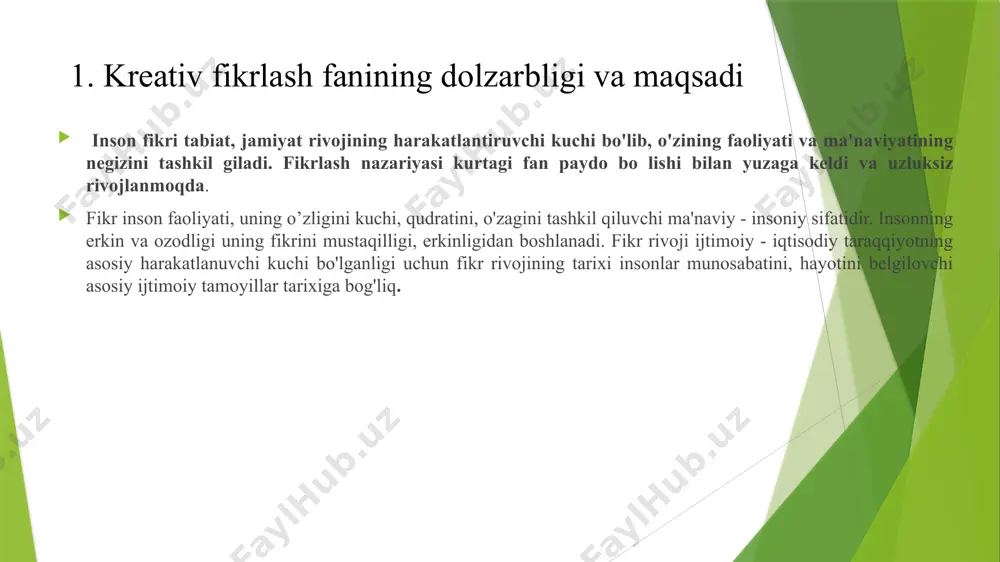 larni ishlab chiqish ko nikmalarini shakllantirishdan iborat; iqtidorni rivojlantirishda ijodiy tafakkurning o rni haqida fikr yuritish. 2. kreativ fikrlash ta'riflari va ko'nikmalari ljodkorlik nazariyalaridan kognitiv fan faylasuf margaret boden tomonidan taqdim etilgan. songgi yillarda u ijodkorlikning eng mashhur nazariyalaridan birini ishlab chiqdi. u ijodkorlikning uchta asosiy shakl mavjudligini ta'kidlaydi: izlanuvchan ijodkorlik, o’zgaruvchan ijodkorlik va kombinatsion ijodkorlik. izlanuvchan ijodkorlik konseptual makondagi imkoniyatlarni o o’rganishda namoyon bo'ladi transformatsion jodkorlik esa konseptual makonning o'zgarishi bilan namoyon bo'ladi. ijodiy qobiliyatlarming paydo bo'lishi to'g'risida gipotezalarga quyidagilar kiradi: birinchisiga ko'ra, ijodiy gobiliyatlar ibtidoiy davrlardan asta-sekin, uzoq vaqt davomida paydo bo'lgan va insoniyatdagi madaniy va demografik "zgarishlarning natijasi, xususan, populyatsiyalardagi eng aqlli va eng iqtidorli shaxslarning qobiliyatlarini qoshib, bu xususiyatlarni keyinchalik birlashtirishtirgan. 2002 yilda antropolog r.kiine tomonidan ifodalangan ikkinchi gipotezaga ko’ra, ijodkorlikning paydo bo'lishi spazmodik xarakterga ega boilib, taxminan 50 ming yil oldin to'satdan genetik mutatsiya natijasida paydo bo’lgan deb takidlaydi. sternberg malumotlariga ko'ra, jodkorlikni o’rganish kamida …
