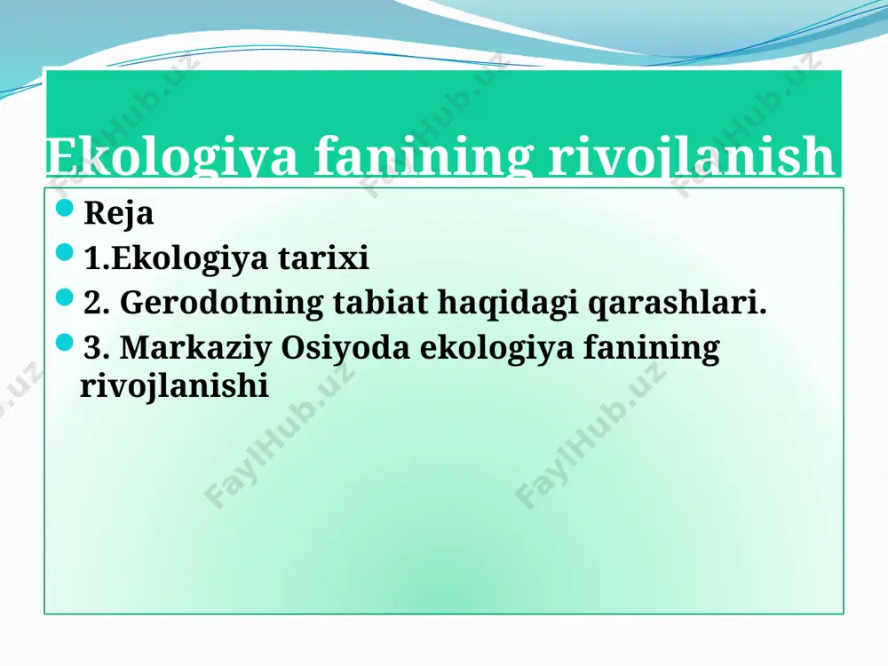 qilish bo’yicha «inson-havo, suv va zaminning pokligini ta‘minlashi, tabiatni asrab avaylashi, o’zini doimo ozoda tutishi lozim» (avesto) degan chaqiriqlar paydo bo’la boshladi. yer, suv, havo ekologiyada fundamental tushuncha bo’lgan «biogeotsenoz»ning tarkibiy qismi hisoblanadi. shu davrdan boshlab atrof muhitda salbiy hodisalar kuzatilib ekologik qonuniyatlarni o’rganish zaruriyati paydo bo’ldi. eramizgacha bo’lgan v asrda suqrot (eramizgacha 169-399y.) ishlarida ham atrof muhit haqidagi fikrlar aytilgan. kimlardir unga «afinaliklar seni o’limga hukm etdi» deyishganda, u «ularni tabiat o’limga hukm etgan» deb bamaylixotir javob bergan edi (v.s. nersenyants, 1996, 203 bet). keyinchalik gippokrat (eramizgacha 480-377y.) iqlim-milliy xarakter xususiyatlarini belgilaydi, qadimgi grek tarixchisi gerodot esa jamiyat rivojlanishi tabiatga bog’liq degan fikrlarni bildirganlar. fuqidid (eramizgacha 460-400 y.), ksenofont (eramizgacha 430-355 y.) tabiiy omillarni shaharlar va iqtisodga ta‘sir etishini aytishgan, angliyalik tarixchi va sotsiolog a.toybn (1889-1975) qadimgi grek faylasufi platon (aflotun) tomonidan aytilgan, gretsiya hududida insonlarning faoliyati ta‘sirida tuproqning ifloslanishi hamda qurib ketishi haqidagi fikrlarini aniqlagan. platon ham insonlar …