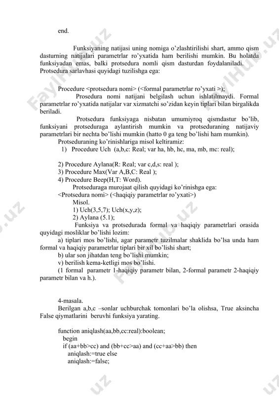 ichun misol keltiramiz: procedure a; begin writeln('************************');end; begin a;end. 8-masala. x,y –haqiqiy sonlar.qism dastur–prosedura yordamida ularga berilgan qiymatlarni almashriruvchi dastur yarating.(qiymat berishda x=5 va y=10 ga teng , bo’sa dastur bajarilishida x=10 va y=5 ga teng bo’lsin). var x,y:real; procedure almashish(xx,yy:real); var orkat:real; begin orkat:=xx; xx:=yy; yy:=orkat; writeln('x=',xx:4:2); writeln('y=',yy:4:2); end; begin readln(x,y); writeln('x=',x:4:2); writeln('y=',y:4:2); almashish(x,y); readln; end. 9-masala. dastur tarkibidagi qism-dasturlar vazifalarini aniqlang. var m,n:real; function max(a,b:real):real; begin if a>b then max:=a else max:=b; end; function min(a,b:real):real; begin if a>b then min:=a else min:=b; end; begin readln(m,n); writeln('max=',max(m,n)); writeln('min=',min(m,n)); readln; end. 10-masala. ax 2 +bx+c=0 tenglama echimlarini aniqlashda prosedura va uning tarkibida funksiyadan foydalaning. var m,n,d:real; procedure kvt(a,b,c:real); var d,x1,x2,x:real; function diskr(bb,aa,cc:real):real; begin diskr:=sqr(bb)-4*aa*cc; end; begin d:=diskr(b,a,c); if d>0 then begin x1:=(-b+sqrt(d))/(2*a); writeln('x1=',x1:4:3); x2:=(-b-sqrt(d))/(2*a); writeln('x2=',x2:4:3); end else if d=0 then begin x:=(-b+sqrt(d))/(2*a); writeln('x=',x:4:3); end else if d 0 then daraja:=exp(b*ln(a)) else if a<0 then daraja:=(a/abs(a))*exp(b*ln(abs(a))) else if b=0 then daraja:=1 …