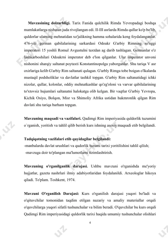 eb yozgan edi: ‘qullar ekin maydonlarigajuda katta zarar keltiradilar. ho`kizlarni va boshqa chorva mollarini yomon boqadilar, yerni yomon haydaydilar. yerga sochilgan urug'larning yaxshi unib chiqishi haqida qayg'urmaydilar. don va g'allani o'zlari o'g'irlagani-o'g'irlagan, uni boshqa o'g'rilardan ham himoya qilmaydilar’. shu tariqa qullar mehnati samarasiz bo'la borgan va jamiyatning rivojlanishiga juda katta salbiy ta'sir ko'rsatgan. ilk qulchilik davrida ko'p sonli qullar mehnati quldorlik jamiyatining rivojlanishiga ijobiy ta'sir ko'rsatgan edi. ammo keyinchalik mehnat qurollarining takomillashuvi va notekis mahsulot taqsimoti qullar mehnat samarasining kamayishiga sabab bo'lgan. shu davrda rim ixtirochilari mehnat qurollarini takomillashtirib, yeni ag'darib yumshatadigan tishli so`qa va ho kiz qo'shib ishlatadigan o'roq-arava kashf etganlar. erkin dehqon va ijarachi korondalar ixtiro qilingan yangi qishloq xo'jalik asboblarini ishlatib, yerdan mol hosil olganlar. quldorlar esa yangi kashf etilgan qurollarni qullarga ishonib topshirmas edilar. qullar quldorlar bergan eski qurollar bilan yerga ishlov berganlar. dehqonchilik hunarmandchilik, tog'-kon ishlari va chorvachilikda mehnatning asosiy qismi qullar zimmasiga yuklanganligi xo'jalikni …