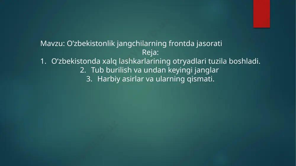 ushmanning 8 000 nafar askar va ofitserini qirib tashladi. gvardiyachi generalmayor s.rahimov 1945-yil 26-mart kuni polshadagi gdansk (dansig) shahrini shturm qilish vaqtida halok bo‘lgan. o‘zbek xalqining shonli farzandiga 1965- yil 9-mayda sovet ittifoqi qahramoni unvoni berildi zebo g’aniyeva o‘zbe- kistonliklar yevropadagi qarshilik ko‘rsatish harakati saflarida, polsha, bolgariya,vengriya, ruminiya, chexoslovakiya, italiya, gretsiya, avstriya, yugoslaviya, fransiya va boshqa davlatlarni fashizmdan ozod etishda faol qatnashdilar, partizan qo‘shilmalarida jang qildilar. 1945-yil 9-mayda gitlerchilar germaniyasi butunlay tas- lim bo‘ldi. berlinni zabt etgan jangchilar orasida sovet it- tifoqi qahramoni unvoniga sazovor bo‘lgan toshkentlik botir boboyev va solih umarov, marg‘ilonlik tojiali boboyev ham bo‘lgan. o‘zbekistonlik jangchilarning sobir raximov etiboringiz uchun raxmat. image6.png image7.jpg image8.png image9.jpg image10.jpg image11.jpg image12.jpg image13.jpg image14.jpg image2.png image3.png image4.png image5.png /docprops/thumbnail.jpeg