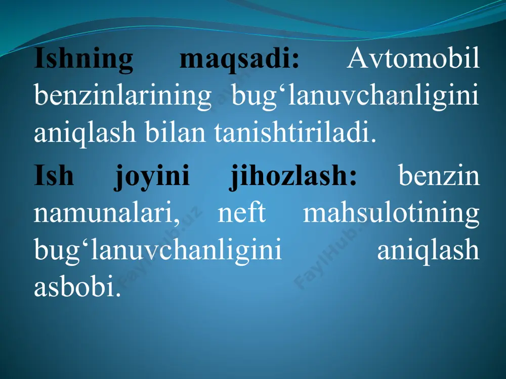 anadi. yoqilg‘ining qaynay boshlashidan, to uning 10% qaynab bug‘languncha bо‘lgan fraksiya - dvigatelni о‘t oldirish fraksiyasi deb ataladi. bu fraksiyaning ma’lum miqdori dvigatelni о‘t oldirish va qizdirish uchun kerak bо‘ladi. yoqilg‘ining 10% bug‘lanishi harorati yozgi sort benzinlarda 70 os dan, qishki sort benzinlarda esa 55 os dan yuqori bо‘lmasligi kerak. agar benzin tarkibidagi yengil bug‘lanuvchi uglevodorodlar miqdori yetarli bо‘lmasa (bunda 10% bug‘lanish harorati andozada kо‘rsatilgan haroratdan yuqori bо‘ladi), u holda dvigatelni о‘t oldirish vaqtida benzin tо‘la bug‘lanmasdan suyuq holatda bо‘lib, uning yurgizib yuborishini qiyinlashtiradi. yoqilg‘ining 10% dan 90% gacha qismi bug‘lanishi - ishchi fraksiyasi deb ataladi. dvigatelning qizish davri, past ish rejimidan yuqorisiga tez о‘tish imkoniyati (qabul qiluvchanligi) yoqilg‘ining ishchi fraksiyasiga bog‘liq. ishchi fraksiyasining 50% qaynash nuqtasi standart bilan meyorlanadi. u qancha past bо‘lsa, yoqilg‘ining tarkibi shuncha bir xil bо‘ladi va dvigatel shuncha turg‘un ishlaydi. egri chiziqning bu qismi mumkin qadar tikroq bо‘lgani ma’qul. benzinning 50% bug‘lanish harorati qanchalik yuqori …