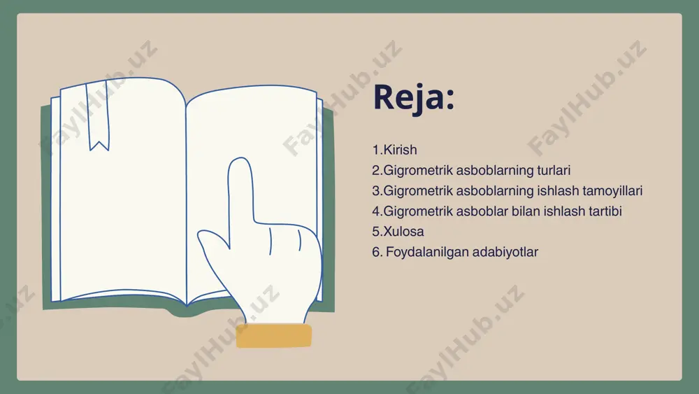 oratoriyalar 3. psixrometrlar psixrometrlar ikkita termometr – quruq va nam termometr asosida ishlaydi. nam termometr bug‘lanish natijasida haroratni pasaytiradi va ushbu farq asosida nisbiy namlik aniqlanadi. afzalliklari: oddiy va ishonchli o‘lchash usuli, batareyaga ehtiyoj sezmaydi kamchiliklari: o‘lchov natijalari jadval yoki formula yordamida hisoblanishi kerak qo‘llanilish sohalari: meteorologiya, sanoat va qishloq xo‘jaligi 4. shisha va kimyoviy gigrometrlar bu turdagi gigrometrlar namlik o‘zgarishiga reaksiya beradigan kimyoviy moddalardan foydalanadi. masalan, ba’zi shisha gigrometrlar ichida namlikka bog‘liq rang o‘zgarishlari kuzatiladi. afzalliklari: oddiy tuzilma, tezkor natijalar kamchiliklari: qisqa umr, yuqori aniqlik talab qilinadigan joylar uchun mos emas qo‘llanilish sohalari: soddalashtirilgan monitoring tizimlari, saqlash omborlari gigrometrik asboblarning ishlash tamoyillari gigrometrik asboblar havo namligini o‘lchash uchun turli fizik va kimyoviy xususiyatlardan foydalanadi. ularning ishlash tamoyili o‘lchash usuli, atrof-muhit harorati va bosim sharoitlariga bog‘liq bo‘ladi. 1. namlik o‘lchashning asosiy usullari namlikni o‘lchashda quyidagi usullar keng qo‘llaniladi: mexanik usul – organik materiallar (soch, tolalar) namlikni yutib yoki yo‘qotib, fizik …